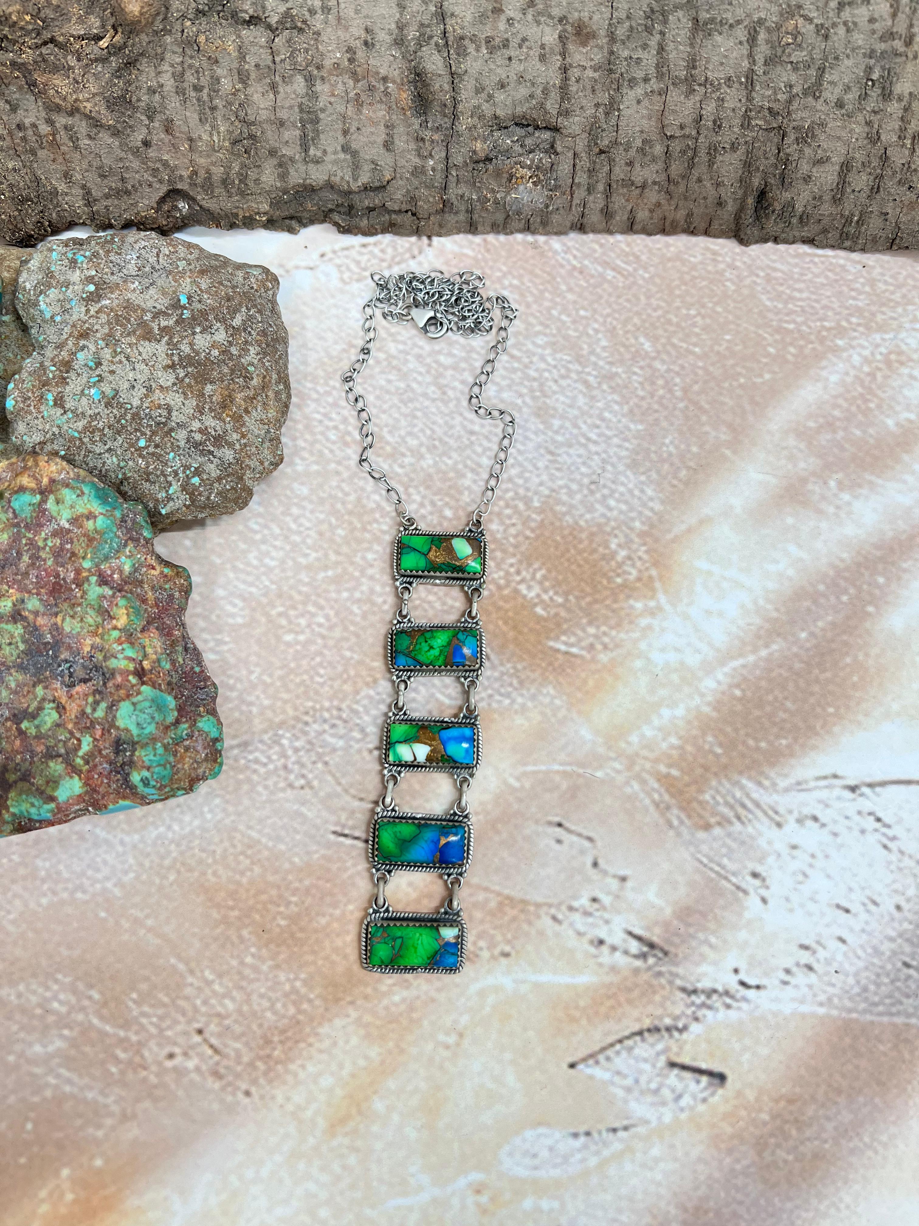 Handmade Sterling Silver Peacock Dahlia Stairs Style Necklace with Signed Nizhoni