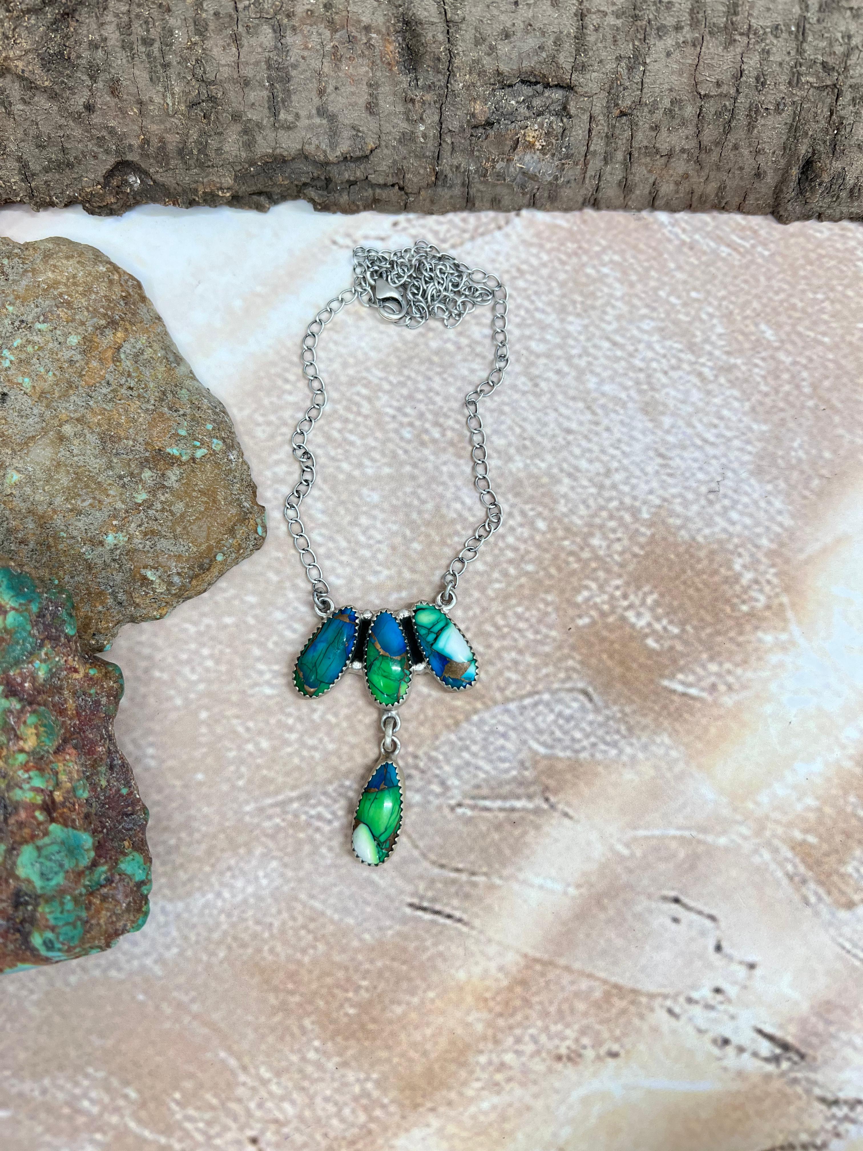 Handmade Sterling Silver Peacock Dahlia Necklace with Signed Nizhoni