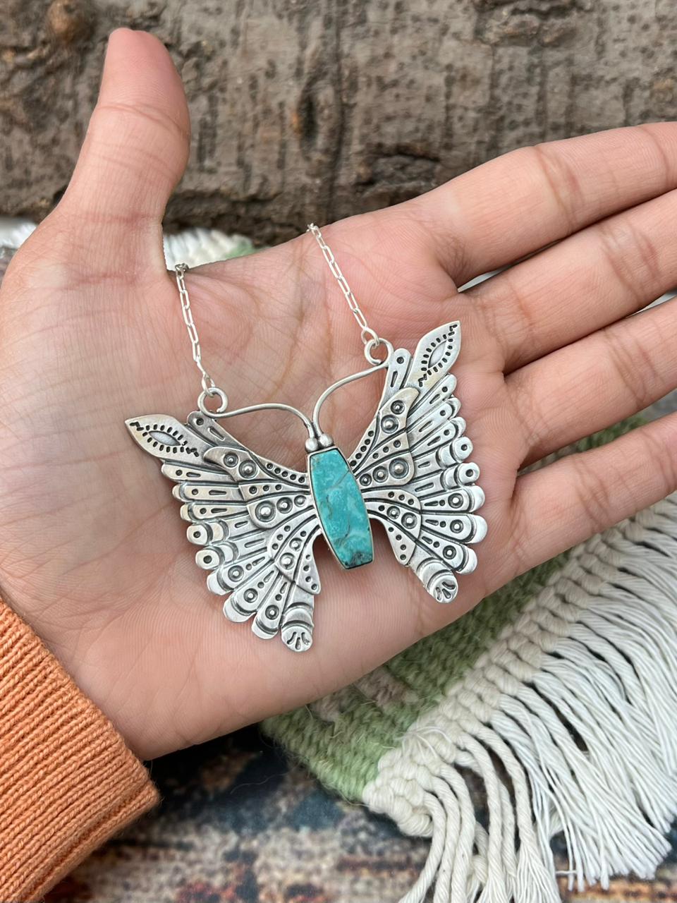 Handmade Sterling Silver Kingman Turquoise Butterfly Necklace "Signed Nizhoni"