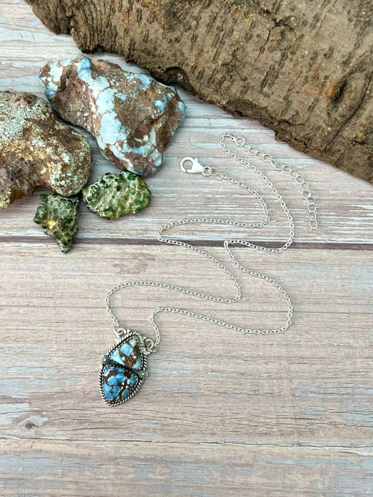 Handmade Sterling Silver Golden Hills Turquoise Necklace with Signed Nizhoni