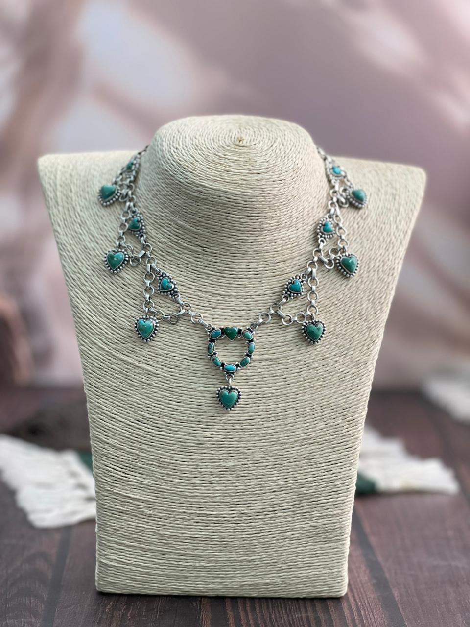 "Heart Collection" Handmade Sterling Silver Kingman Turquoise Necklace "Signed Nizhoni"