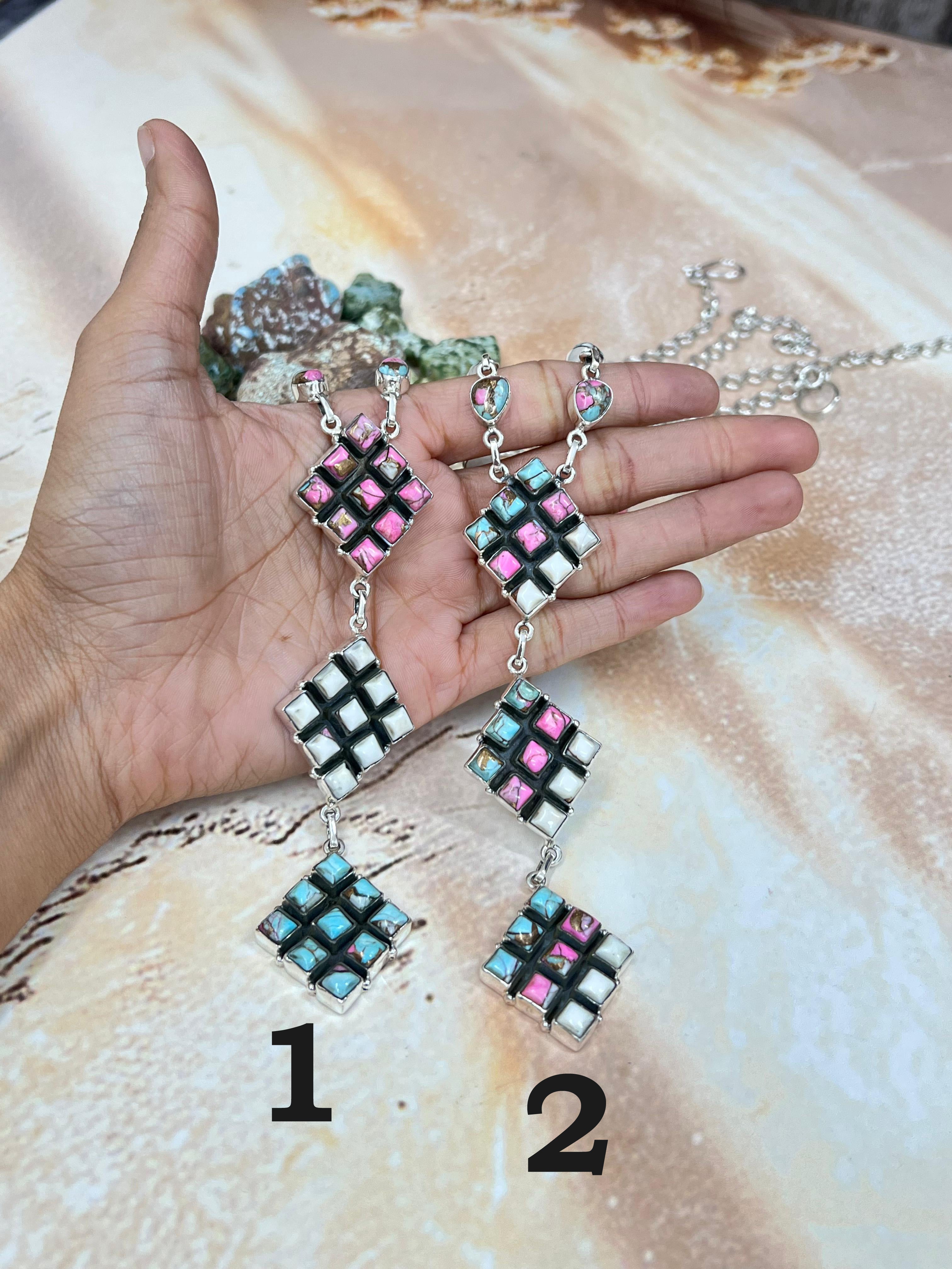 Handmade Sterling Silver Cotton Candy Turquoise Necklace with Signed Nizhoni