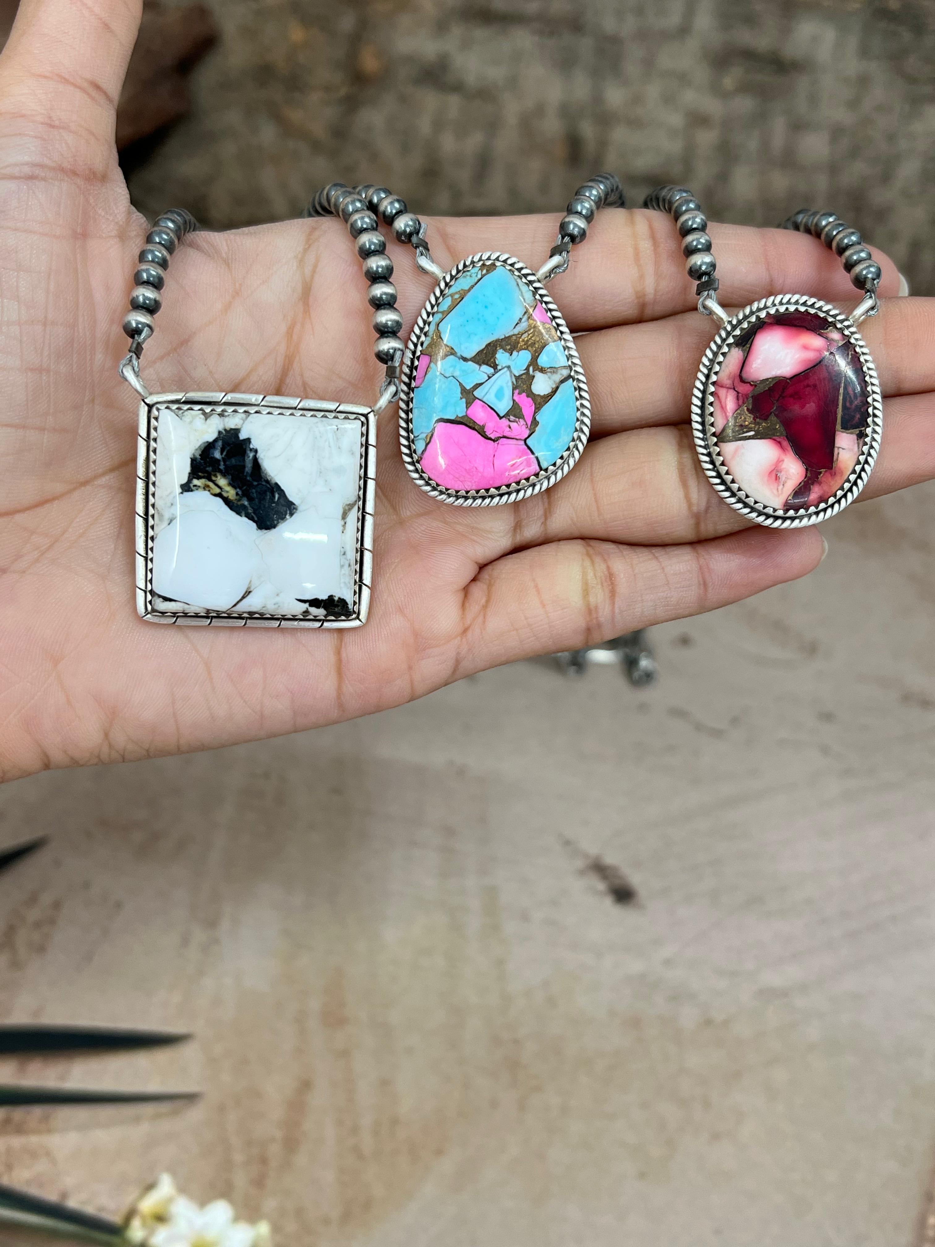 Handmade Sterling Silver Multi Stone Beaded Necklace, Signed Nizhoni