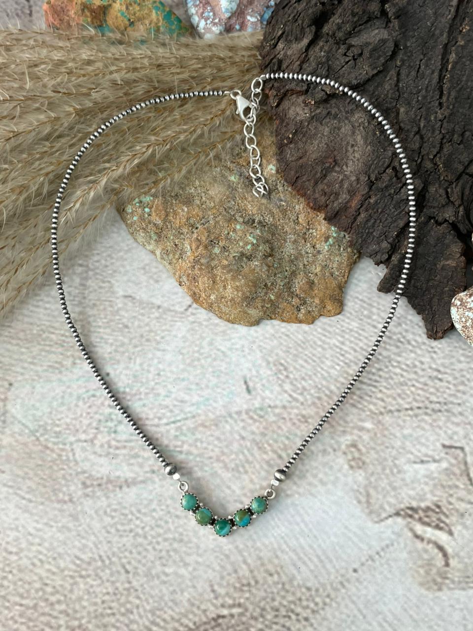 Handmade Sterling Silver Kingman Turquoise Beaded Necklace "Signed Nizhoni"