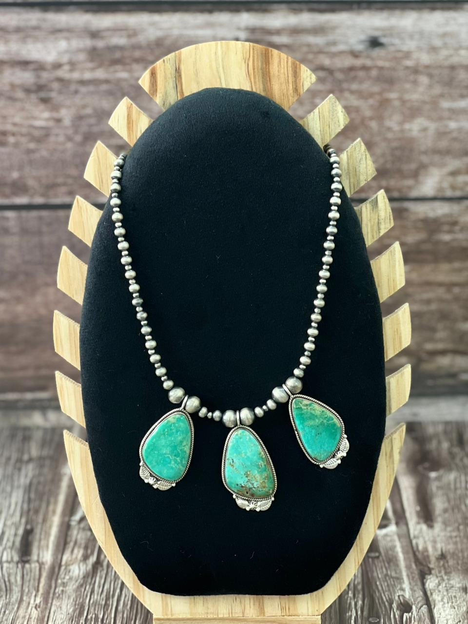 Handmade Sterling Silver Beaded Mantis Turquoise Necklace "Signed Nizhoni"