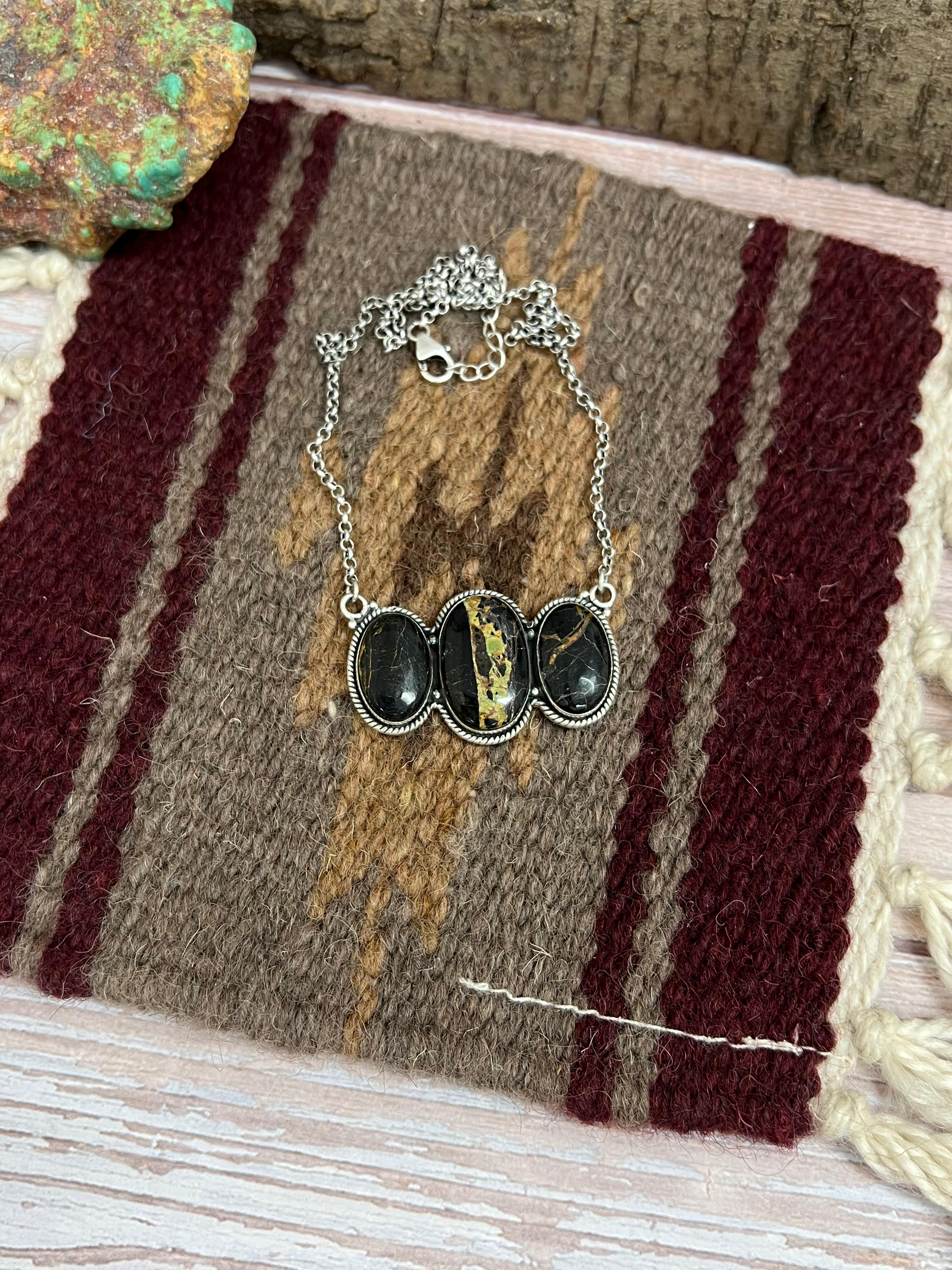 Handmade Sterling Silver Black Jack Necklace with Signed Nizhoni