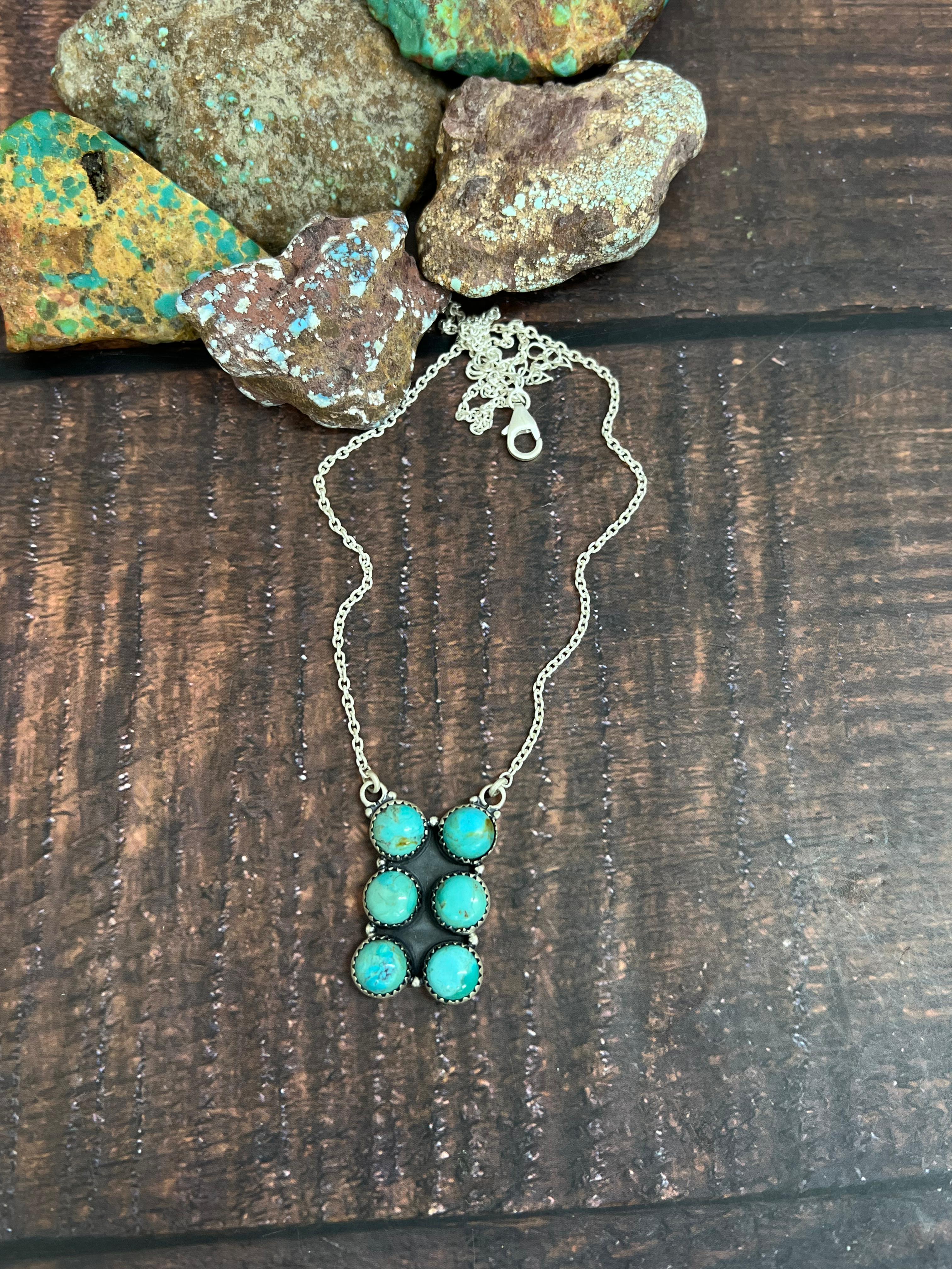 Handmade Sterling Silver Kingman Turquoise Necklace with Signed Nizhoni