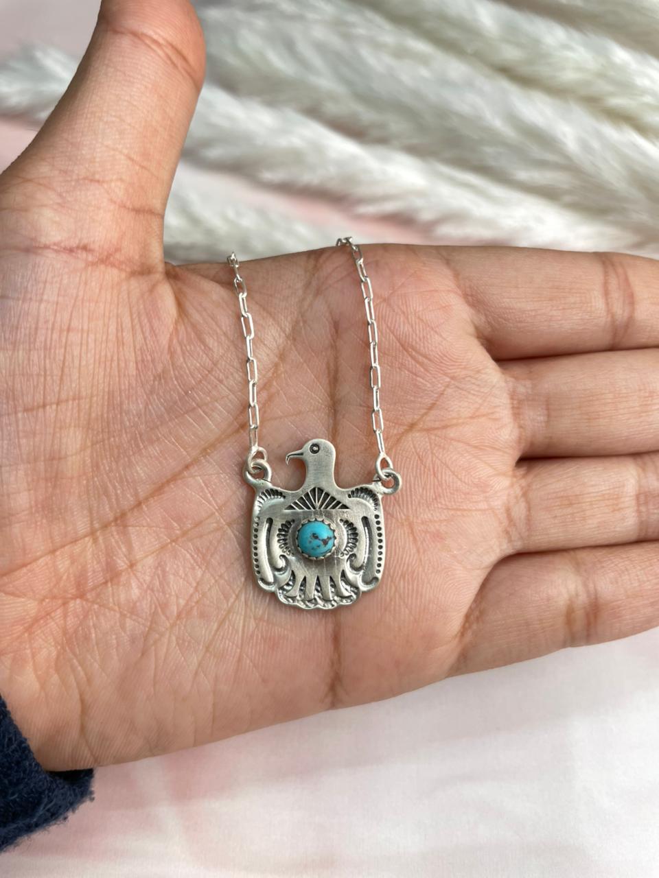 Handmade Sterling Silver Kingman Turquoise Thunder Bird Necklace "Signed Nizhoni"