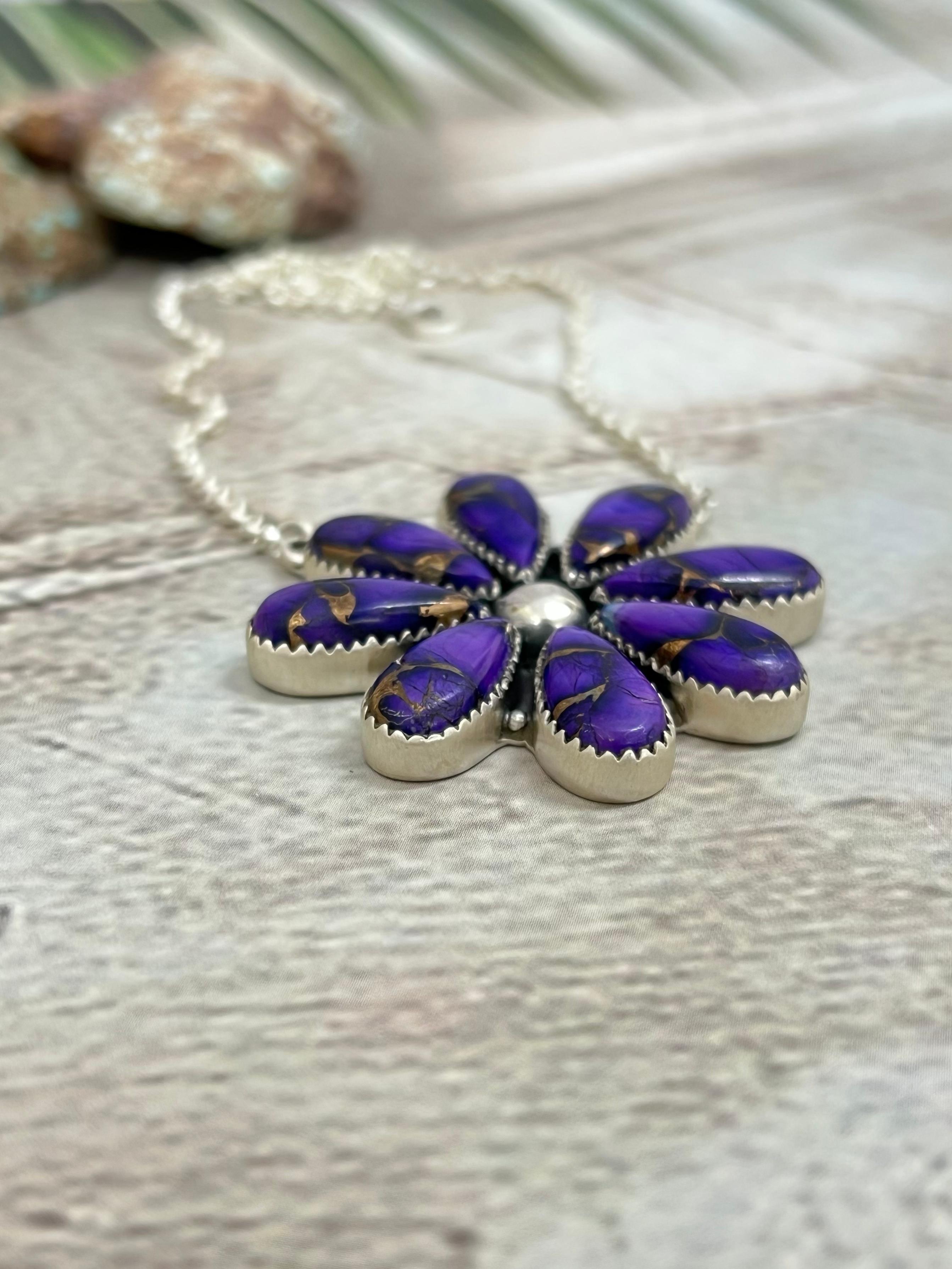 Handmade Sterling Silver Grape Dahlia Necklace with Signed Nizhoni