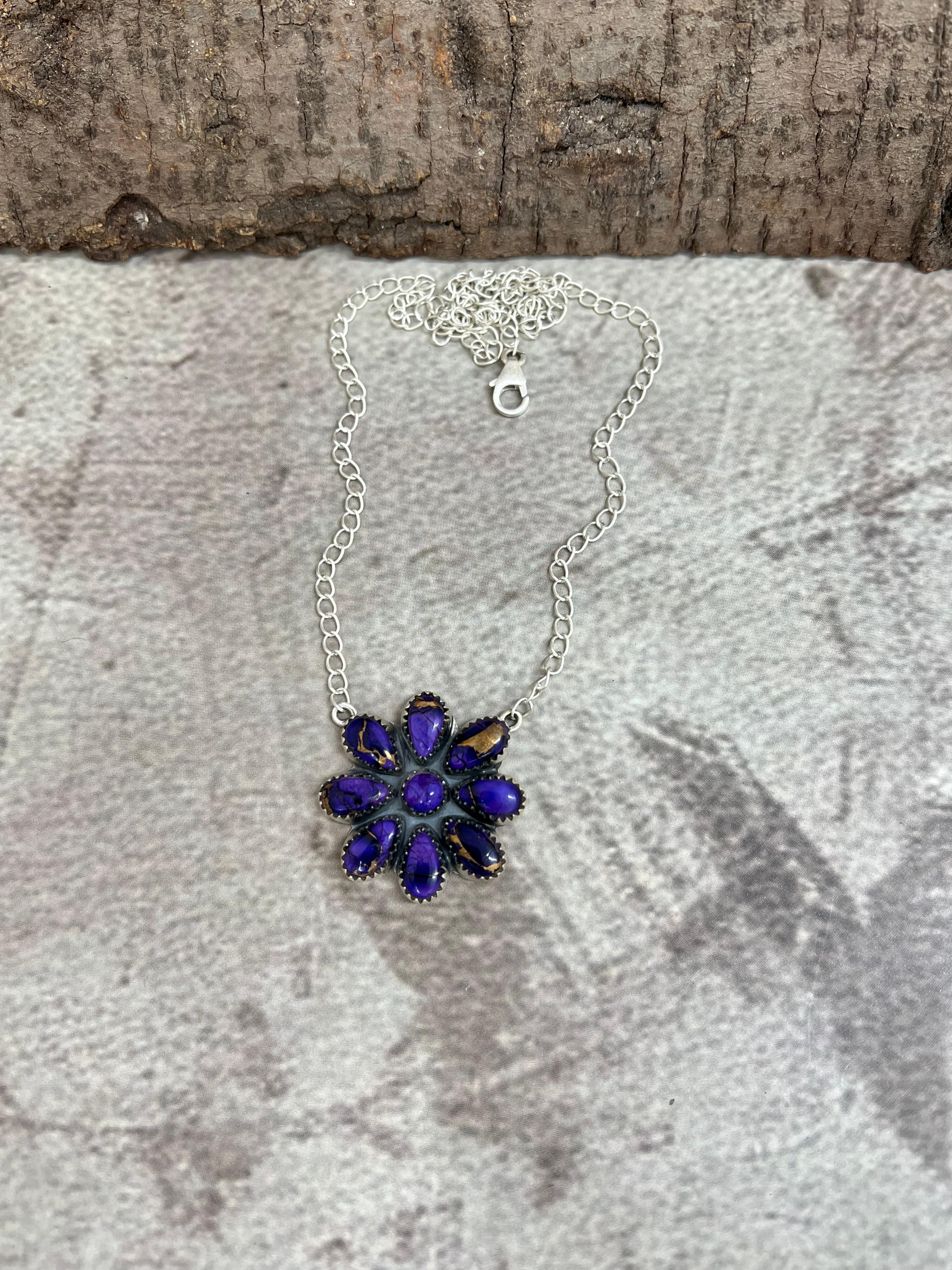 Handmade Sterling Silver Grape Dahlia Flower Necklace with Signed Nizhoni