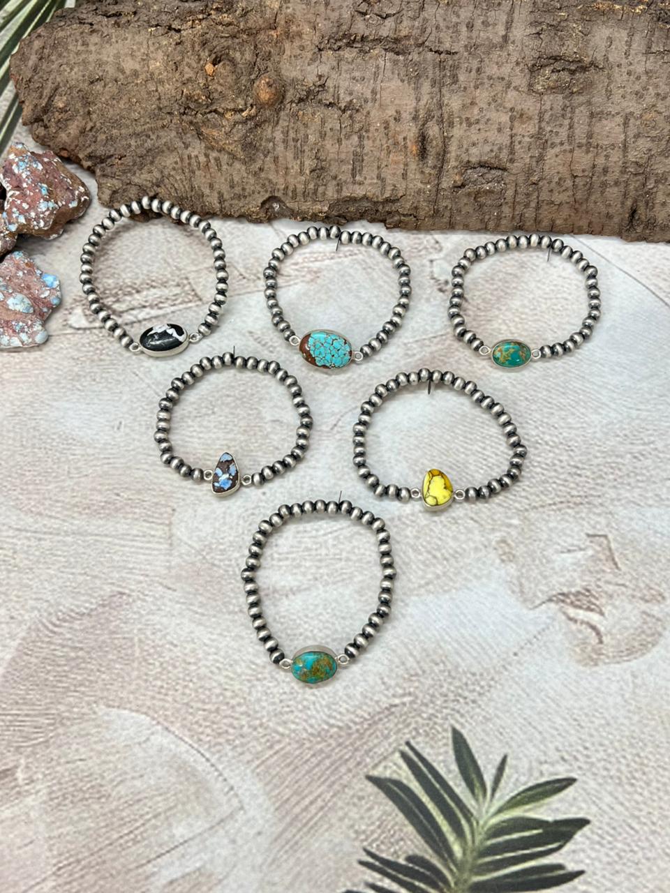 Handmade Sterling Silver Beaded Multi Stone Chain Bracelet with Signed Nizhoni