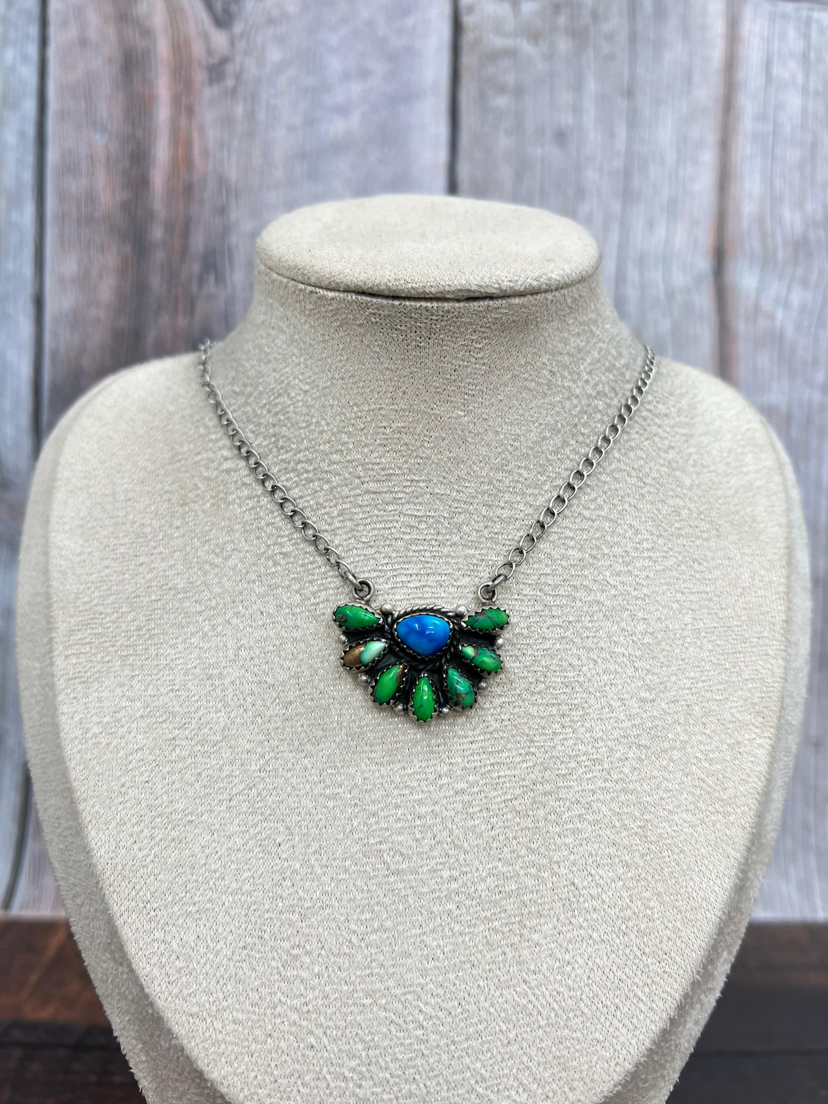 Handmade Sterling Silver Peacock Dahlia Necklace with Signed Nizhoni