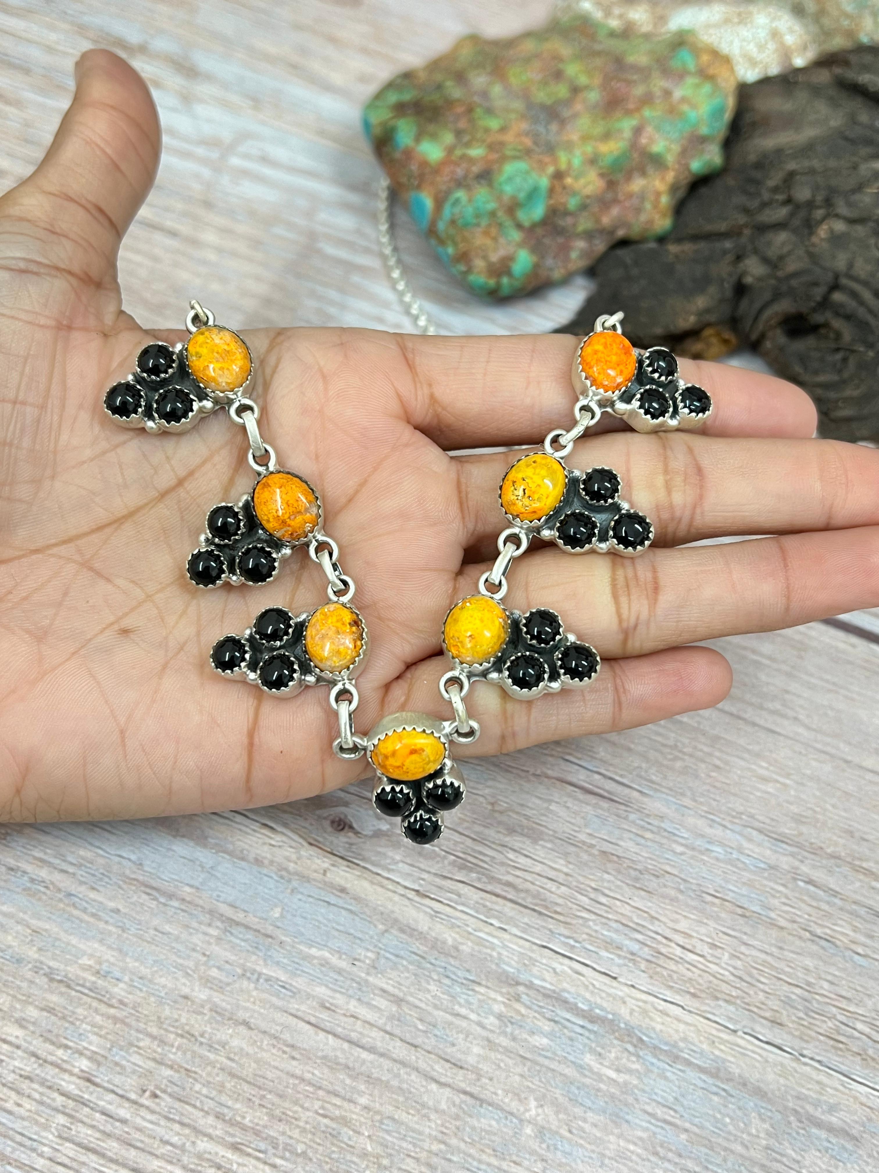 "Halloween Collection" Handmade Sterling Silver Black Onyx, Bumblebee Necklace with Signed Nizhoni