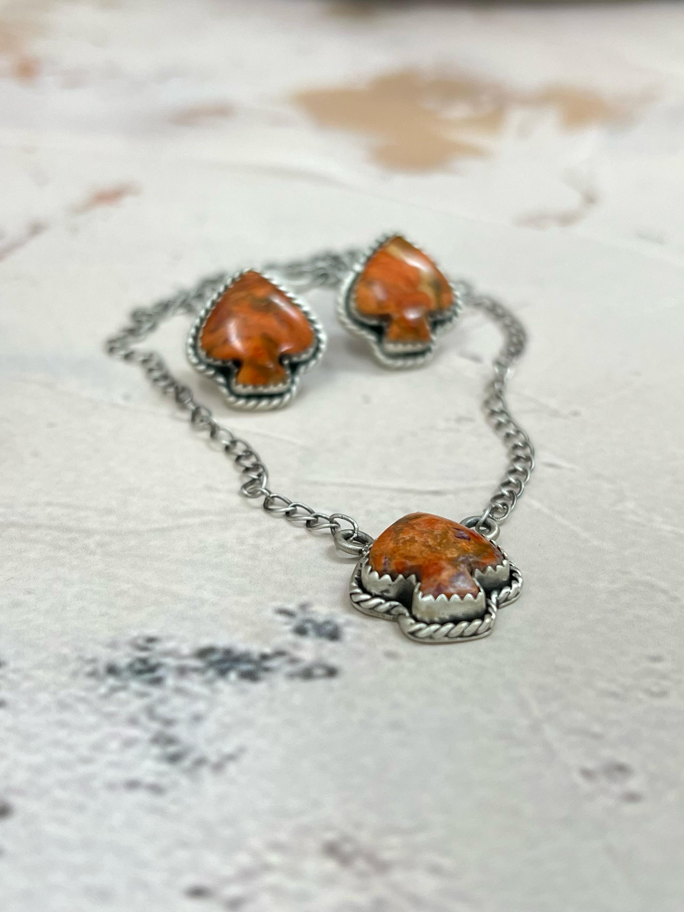 Handmade Sterling Silver Orange Mojave Necklace Earrings Spade Set with Signed Nizhoni
