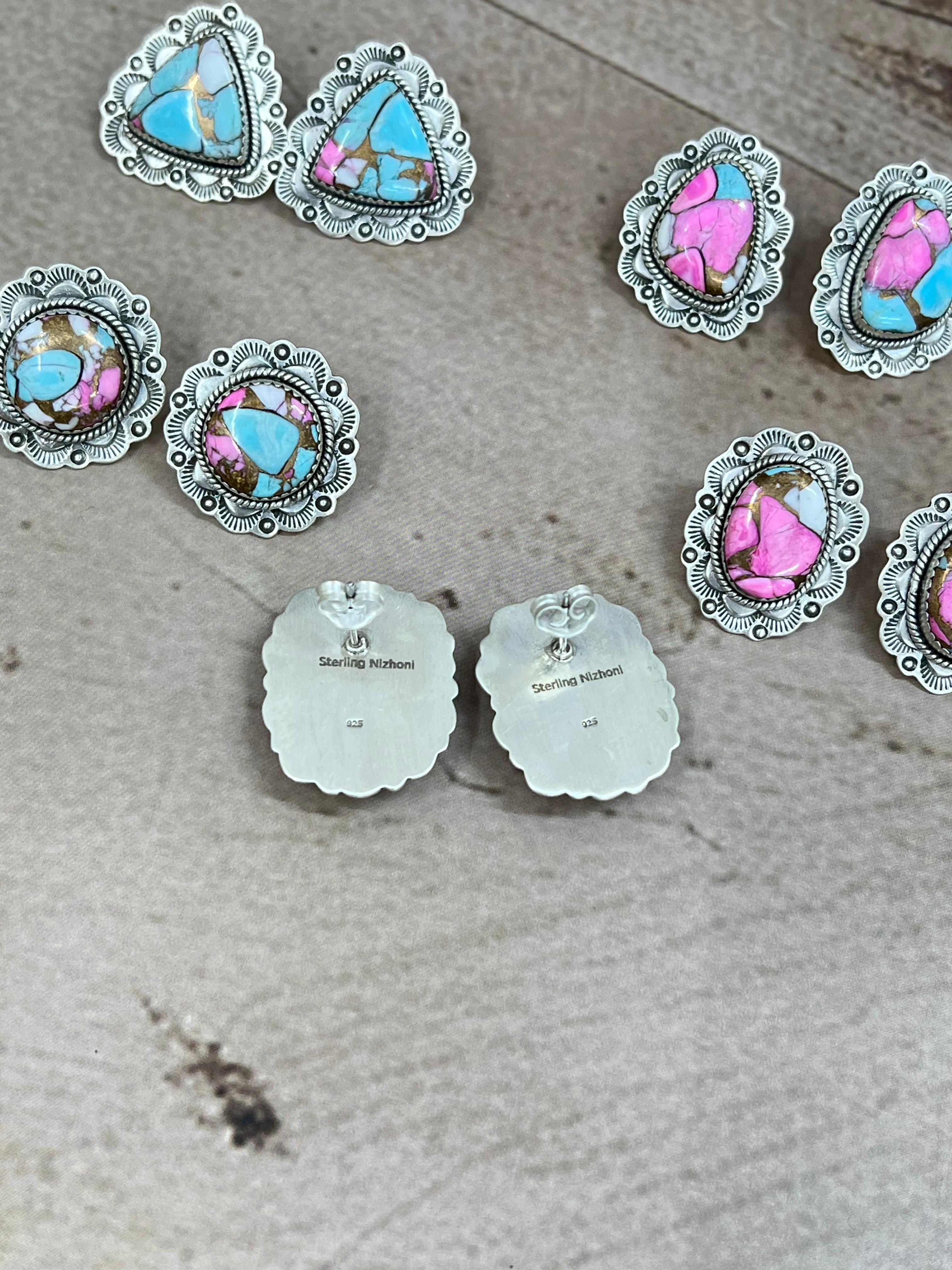 Handmade Sterling Silver Cotton Candy Turquoise Post Earrings with Signed Nizhoni