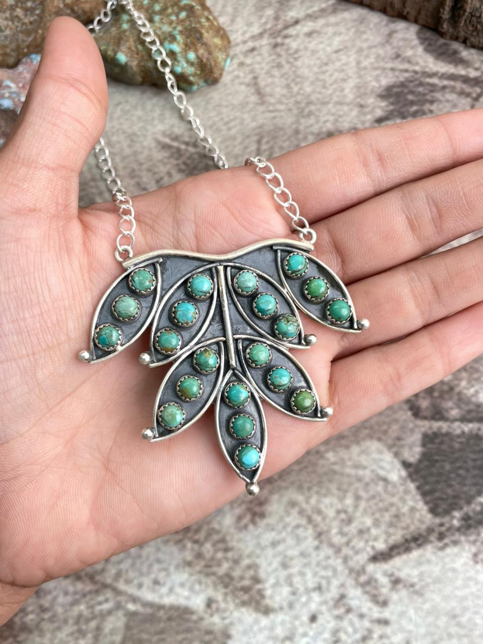 Handmade Sterling Silver Kingman Turquoise Necklace with Signed Nizhoni