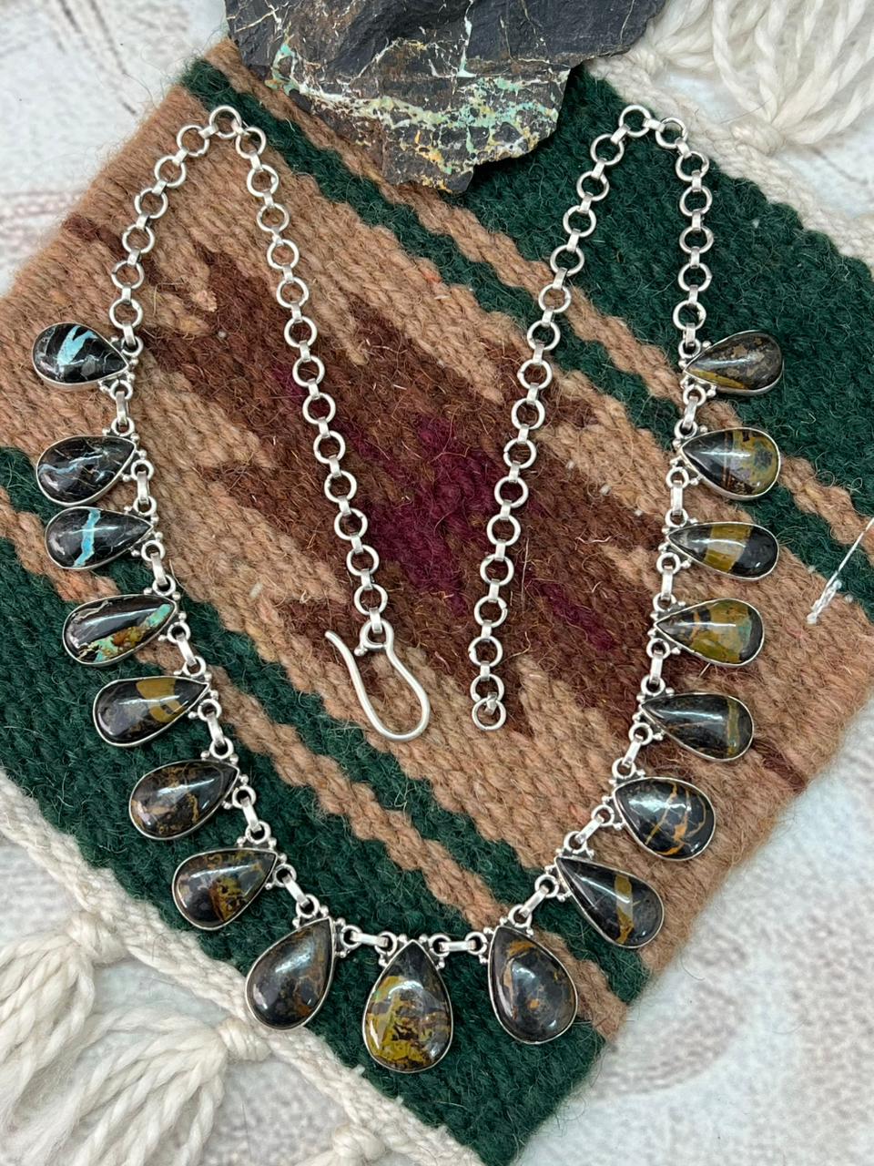 Handmade Sterling Silver Blackjack Turquoise Necklace "Signed Nizhoni"