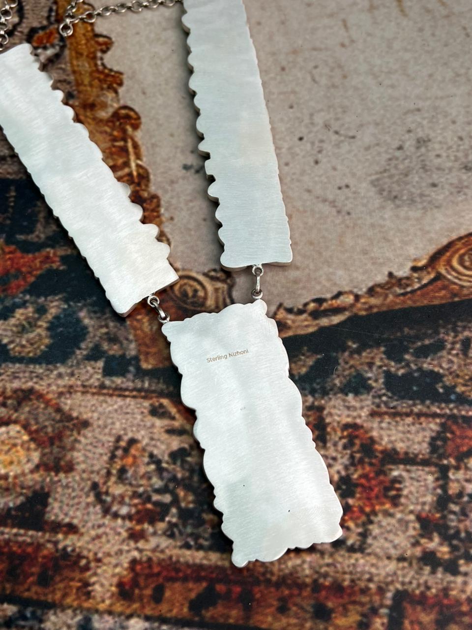 Handmade Sterling Silver Dahlia Rose with Emerald Valley Turquoise Necklace "Signed Nizhoni"