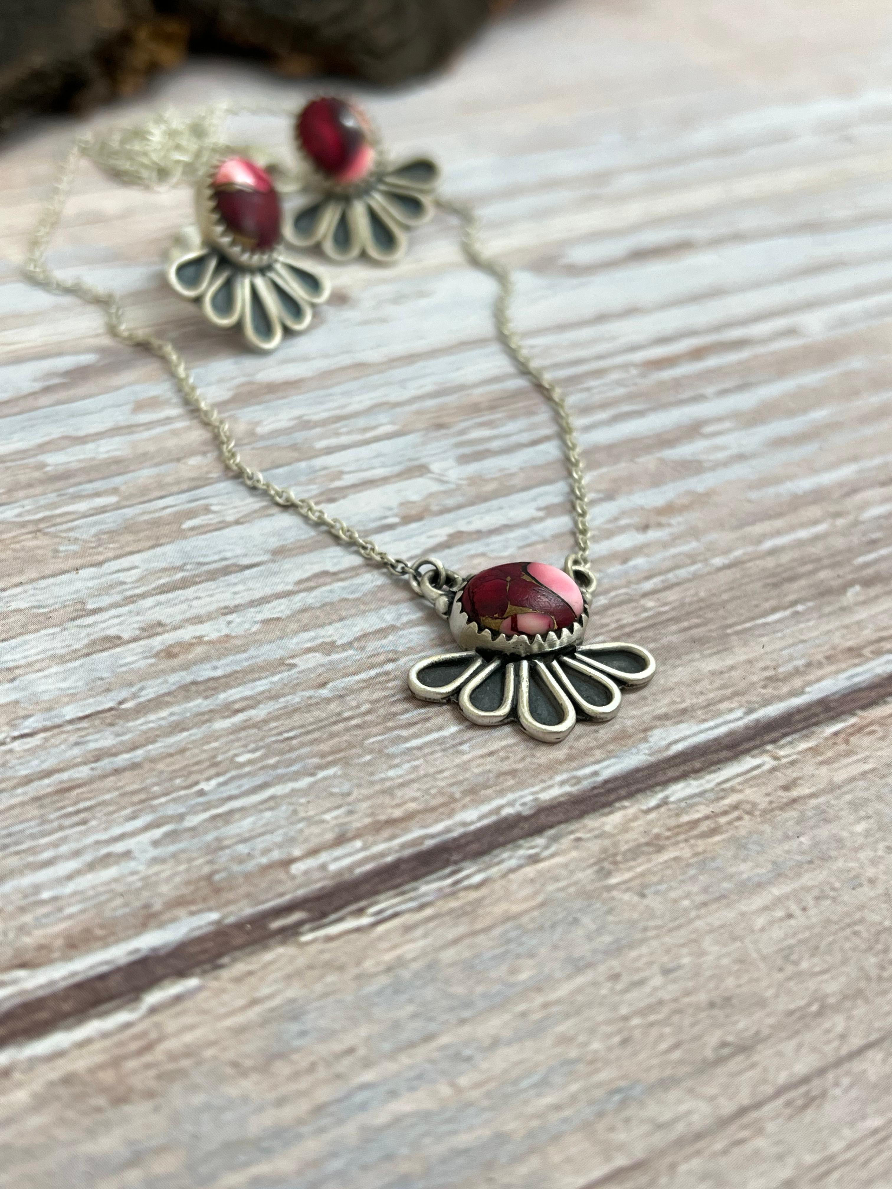 Handmade Sterling Silver Dahlia Rose Necklace Earrings Set, Signed Nizhoni