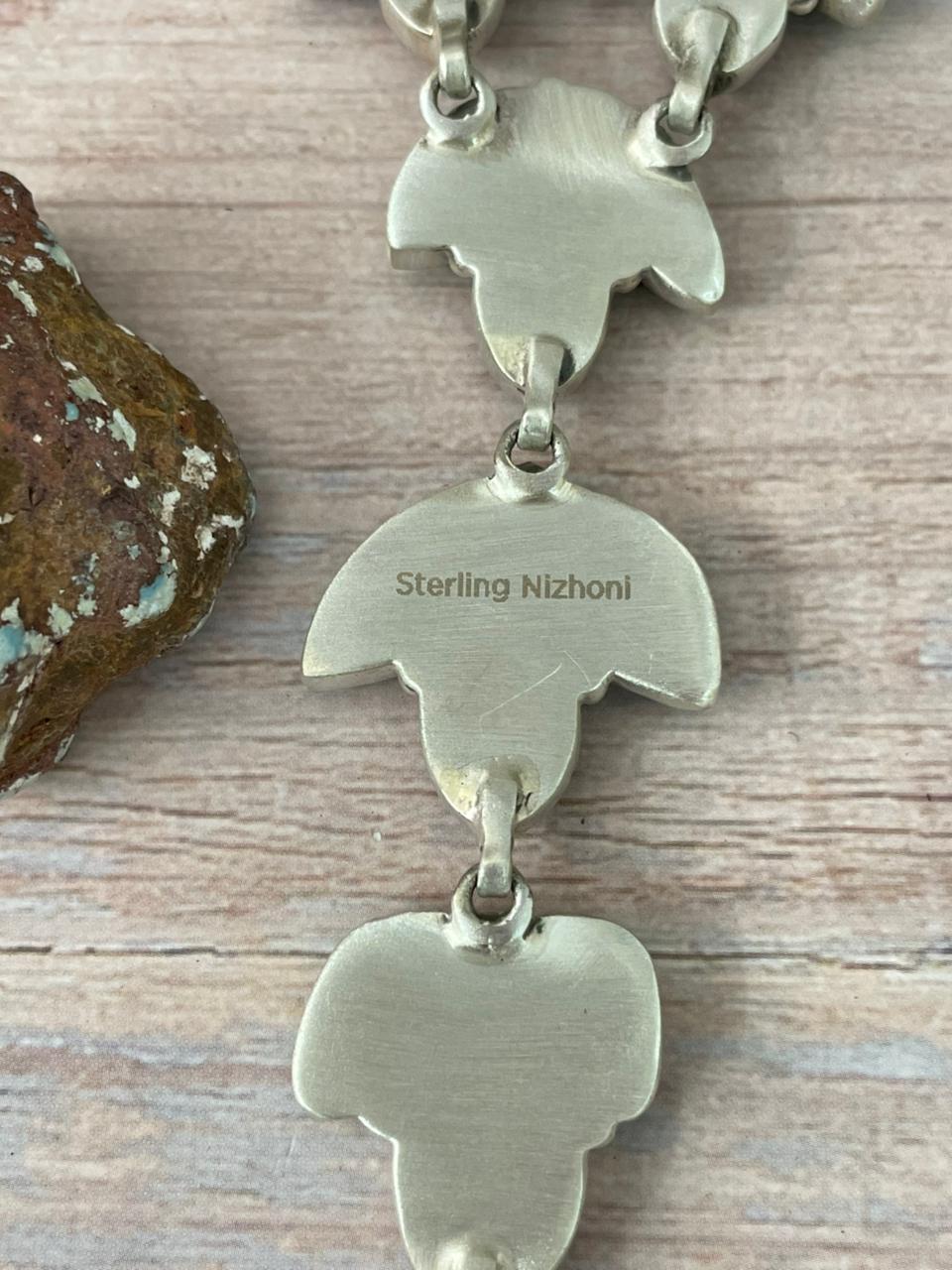 Handmade Sterling Silver Dahlia Rose with Emerald Valley Turquoise Necklace "Signed Nizhoni"