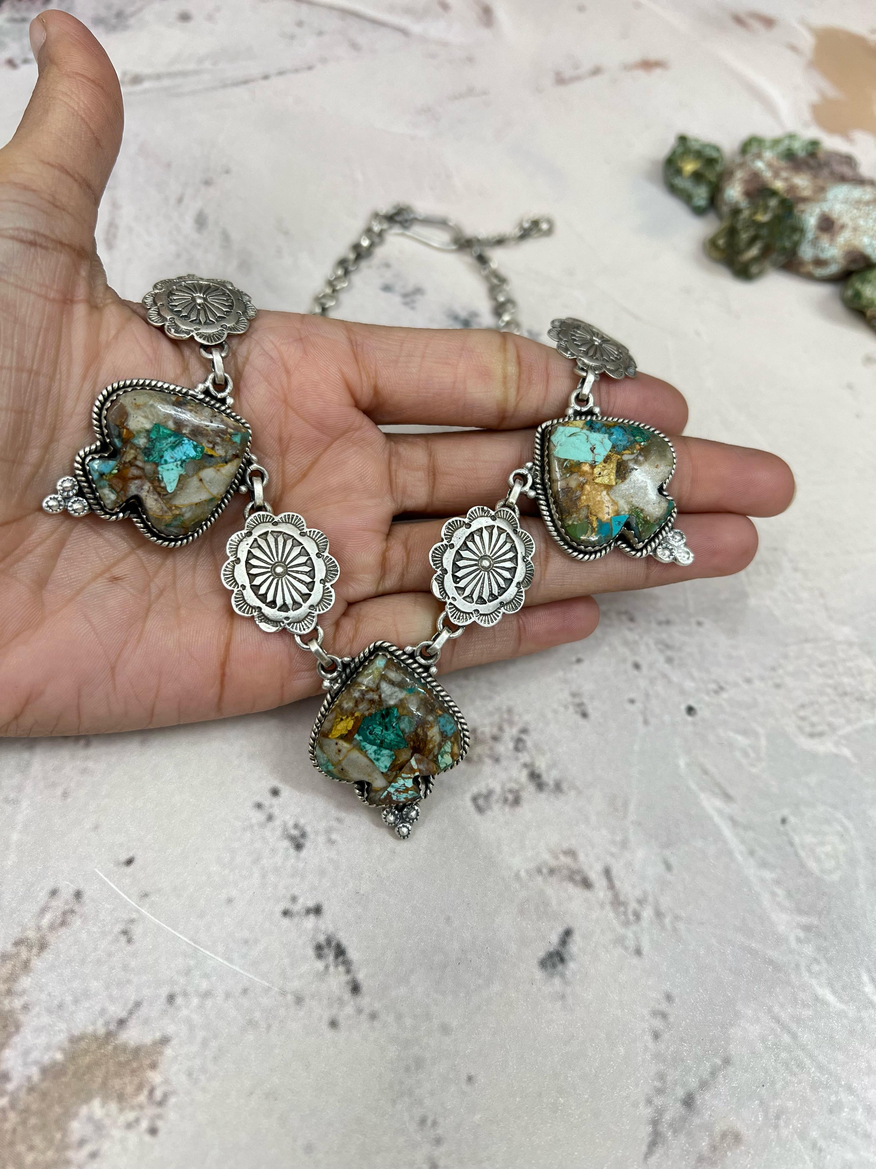 Handmade Sterling Silver White Buffalo, Royston Turquoise, Dahlia Rose Necklace, Signed Nizhoni