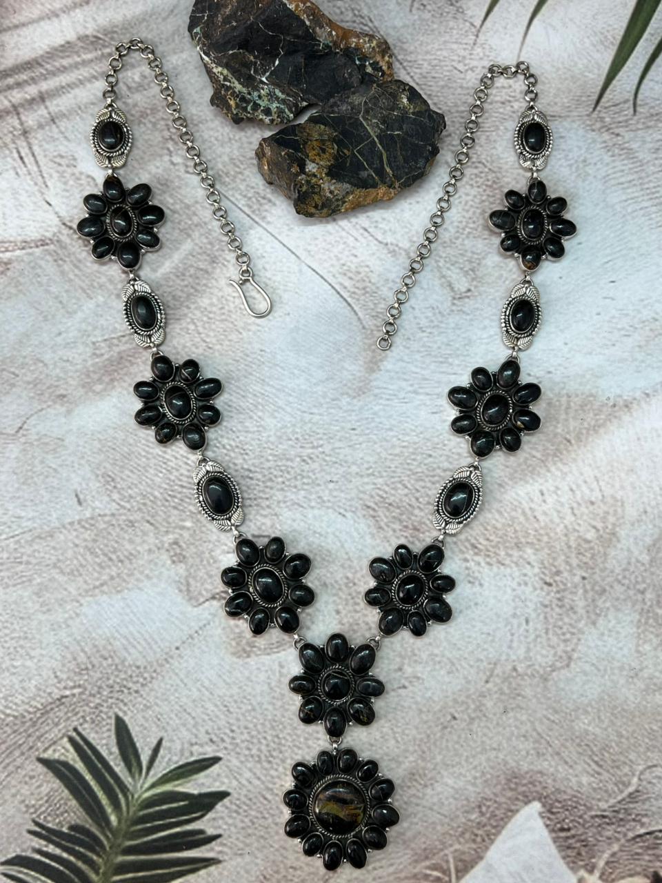 Handmade Sterling Silver Blackjack Turquoise Drop Necklace "Signed Nizhoni"