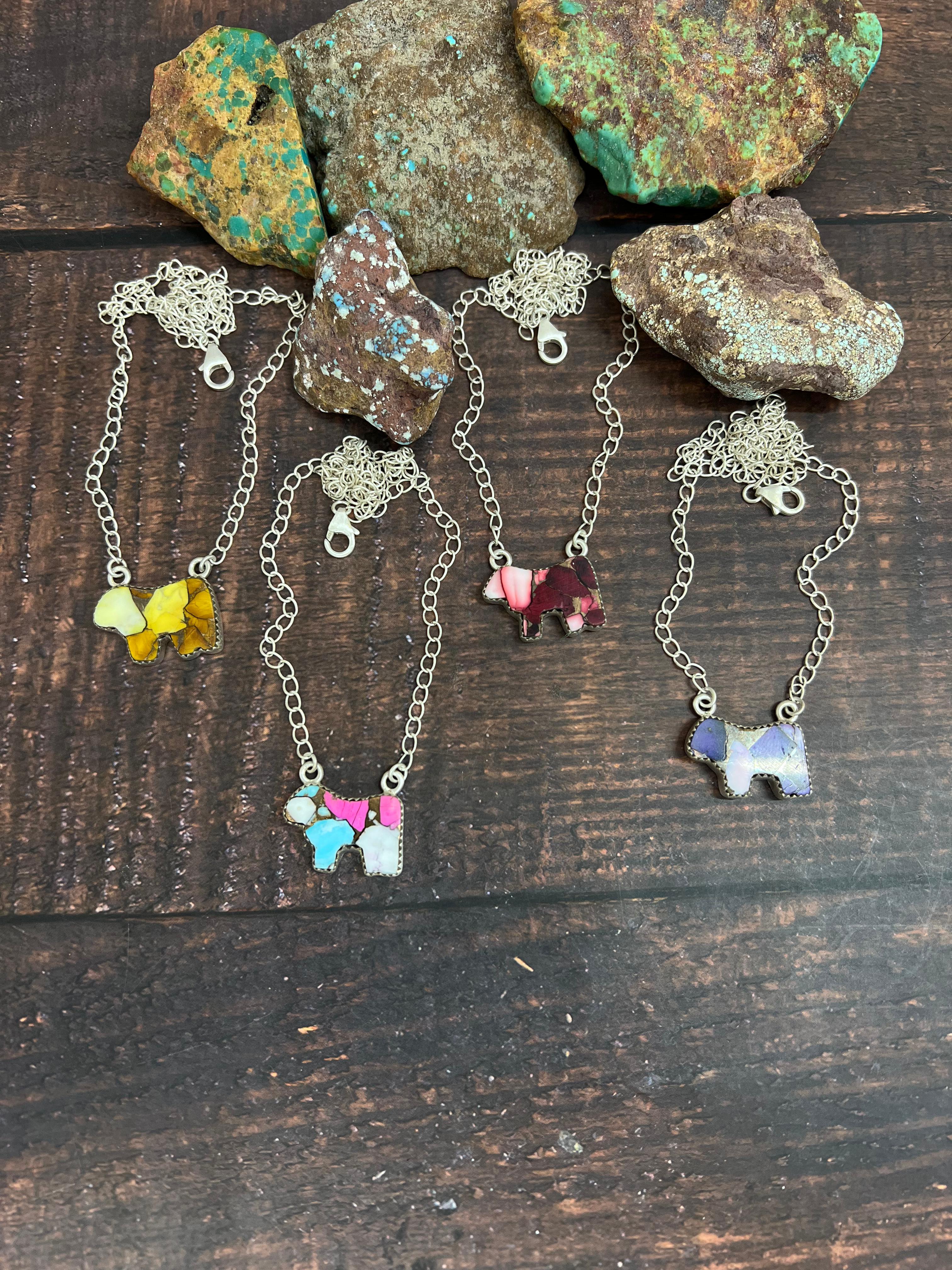 Handmade Sterling Silver Multi Gemstone Bull Necklace with Signed Nizhoni