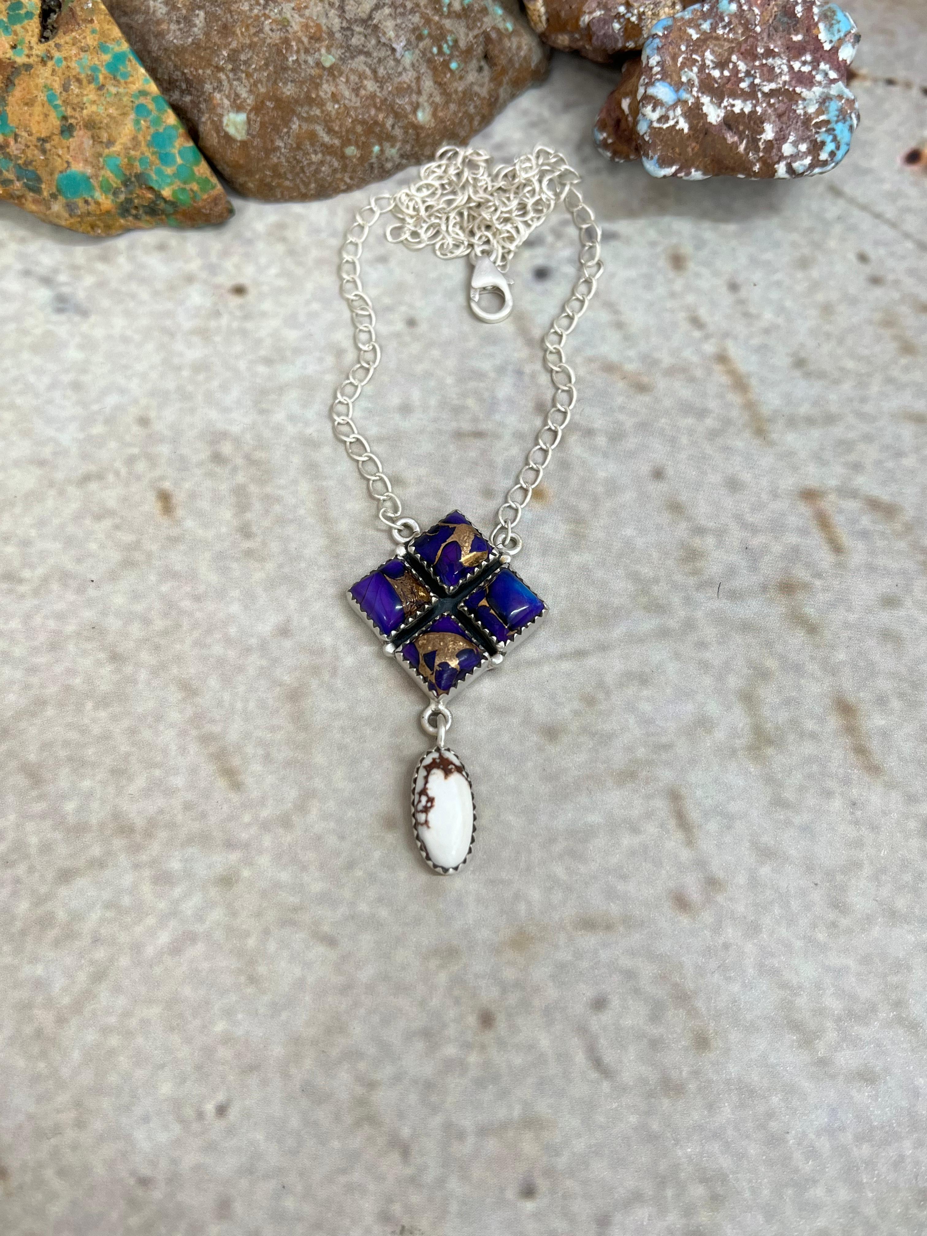 Handmade Sterling Silver Grape Dahlia with Wild Horse Necklace with Signed Nizhoni