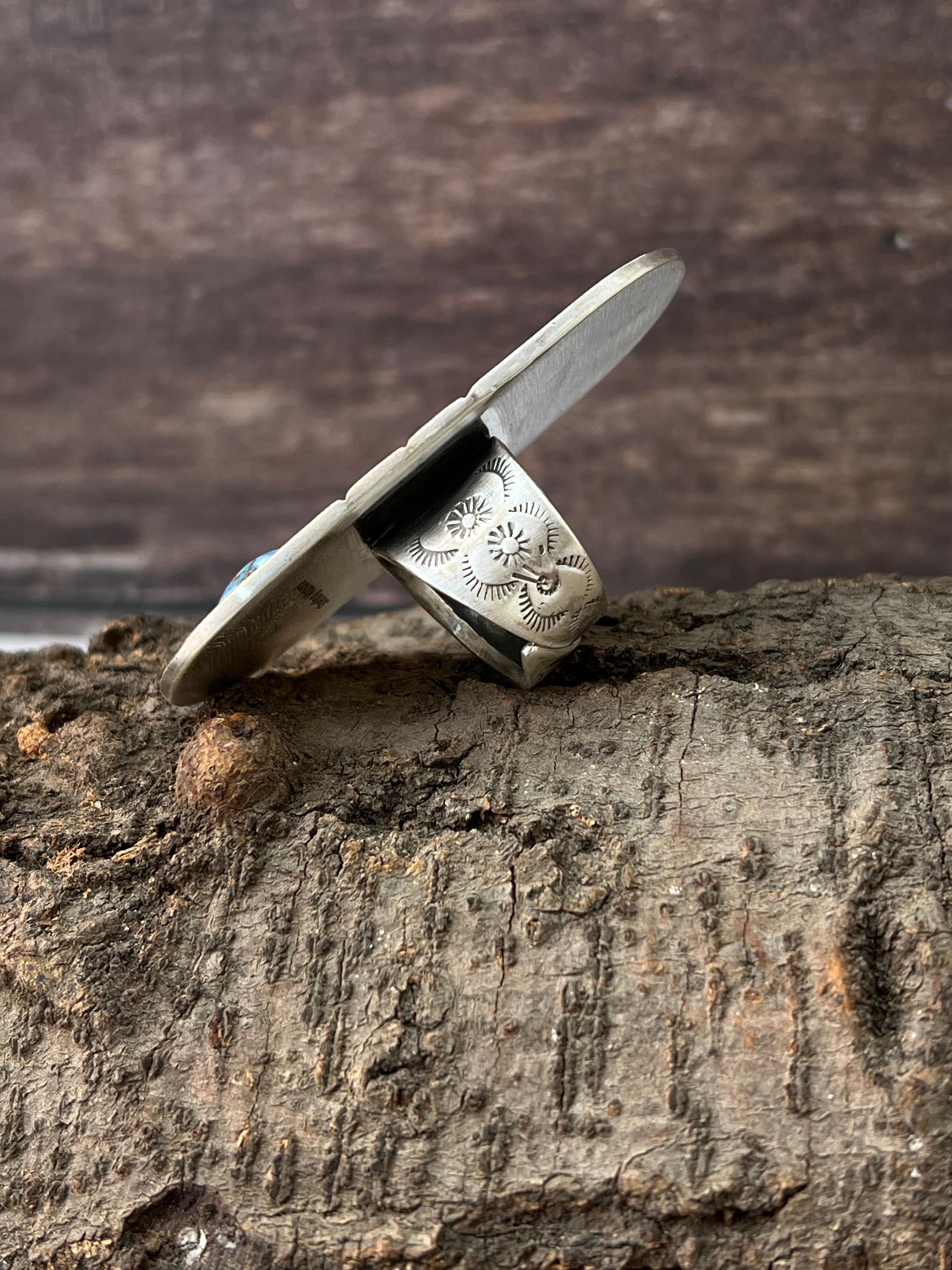 Handmade Sterling Silver with Golden Hills Turquoise Adjustable Ring with Signed Nizhoni