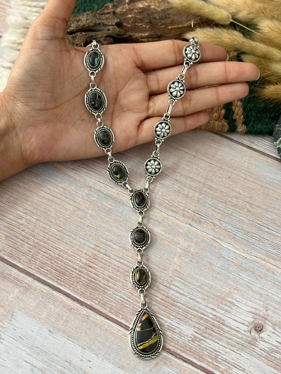 Handmade Sterling Silver Blackjack Turquoise Necklace "Signed Nizhoni"