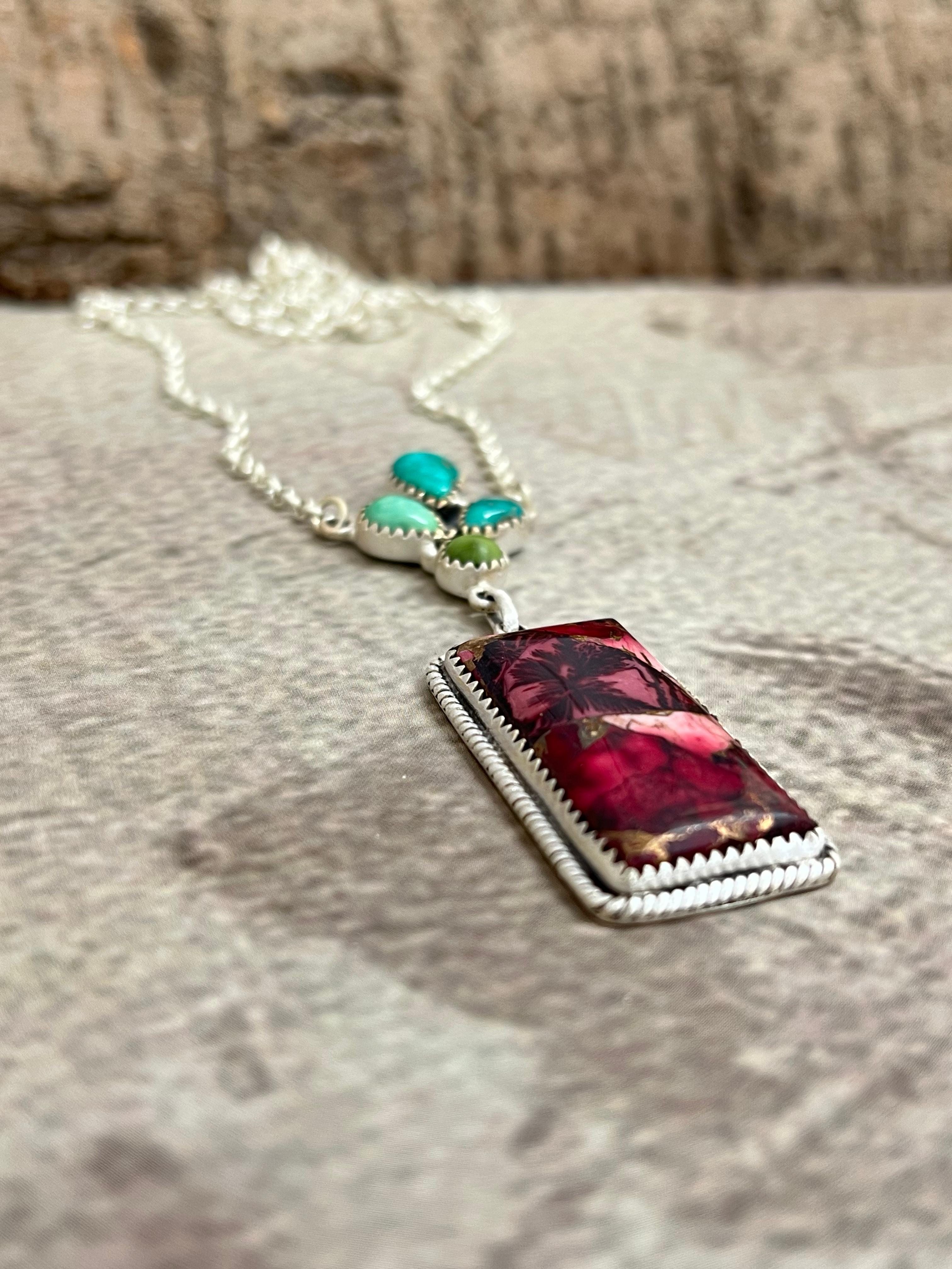 Handmade Sterling Silver Emerald Valley with Dahlia Rose Necklace with Signed Nizhoni
