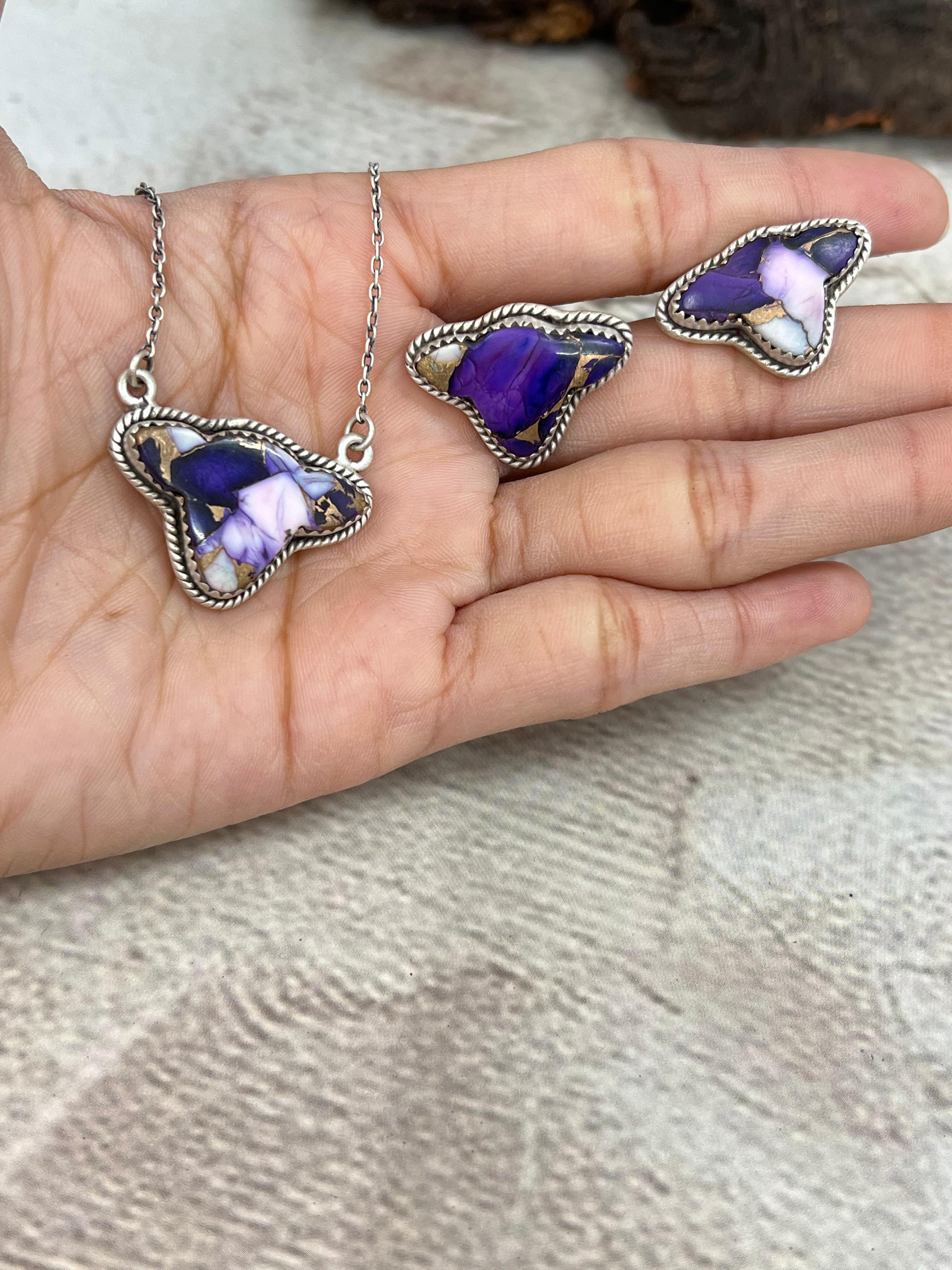 Handmade Sterling Silver Purple Ice Rose Dahlia, Honey Dahlia Necklace Earrings Set, Signed Nizhoni