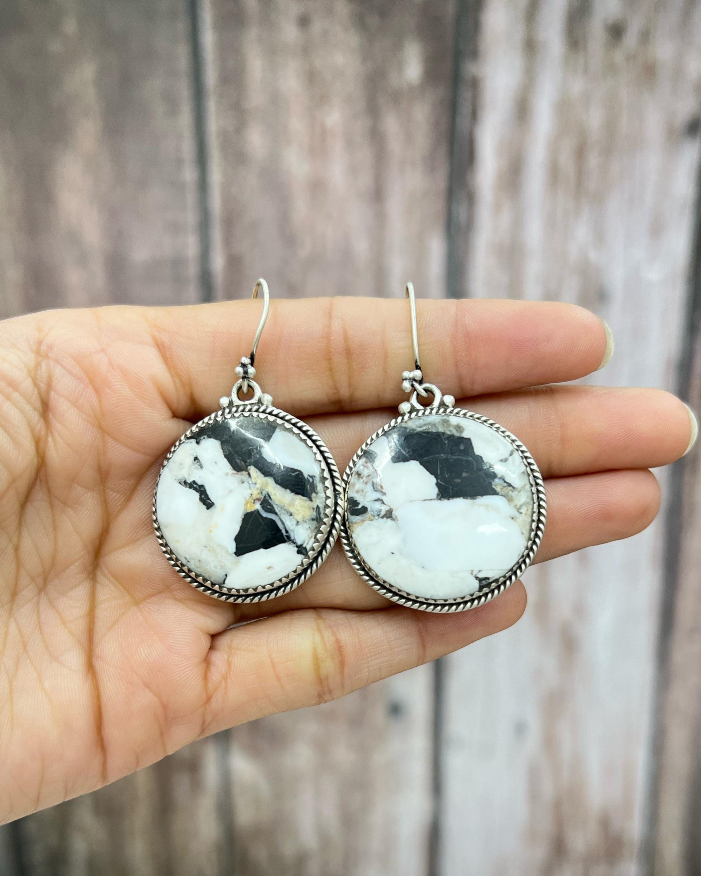 Handmade Sterling Silver White Buffalo Turquoise Hook Earrings with Signed Nizhoni