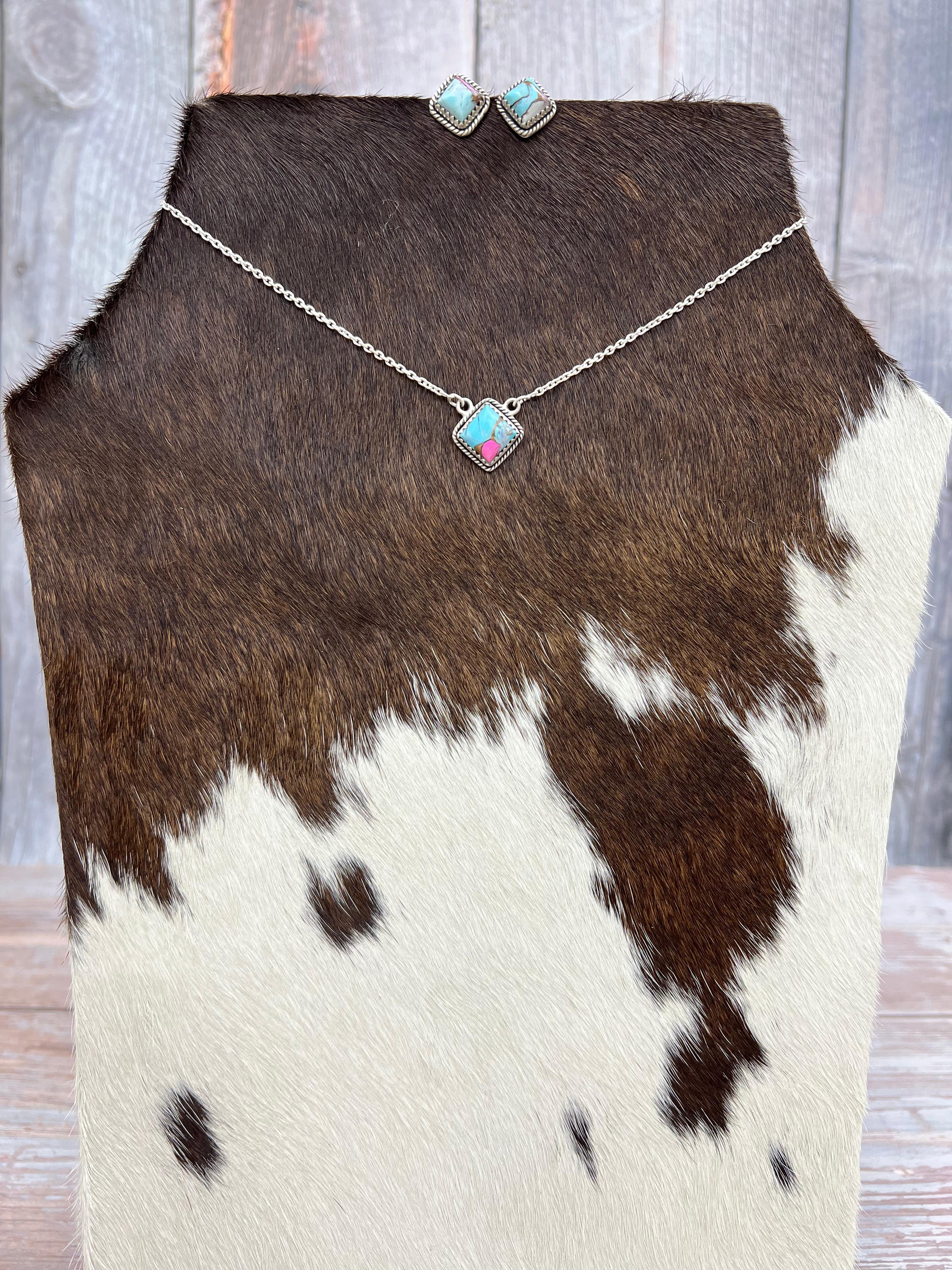 Handmade Sterling Silver Cotton Candy Turquoise Necklace Earrings Set, Signed Nizhoni