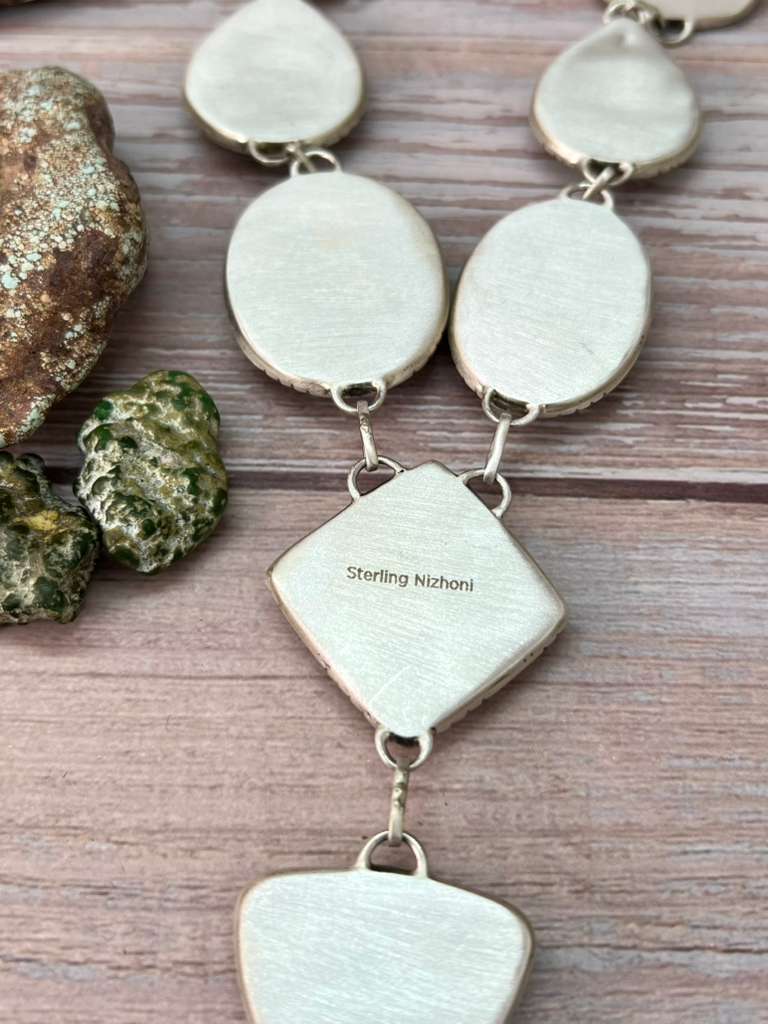 Handmade Sterling Silver Palomino Turquoise Necklace with Signed Nizhoni