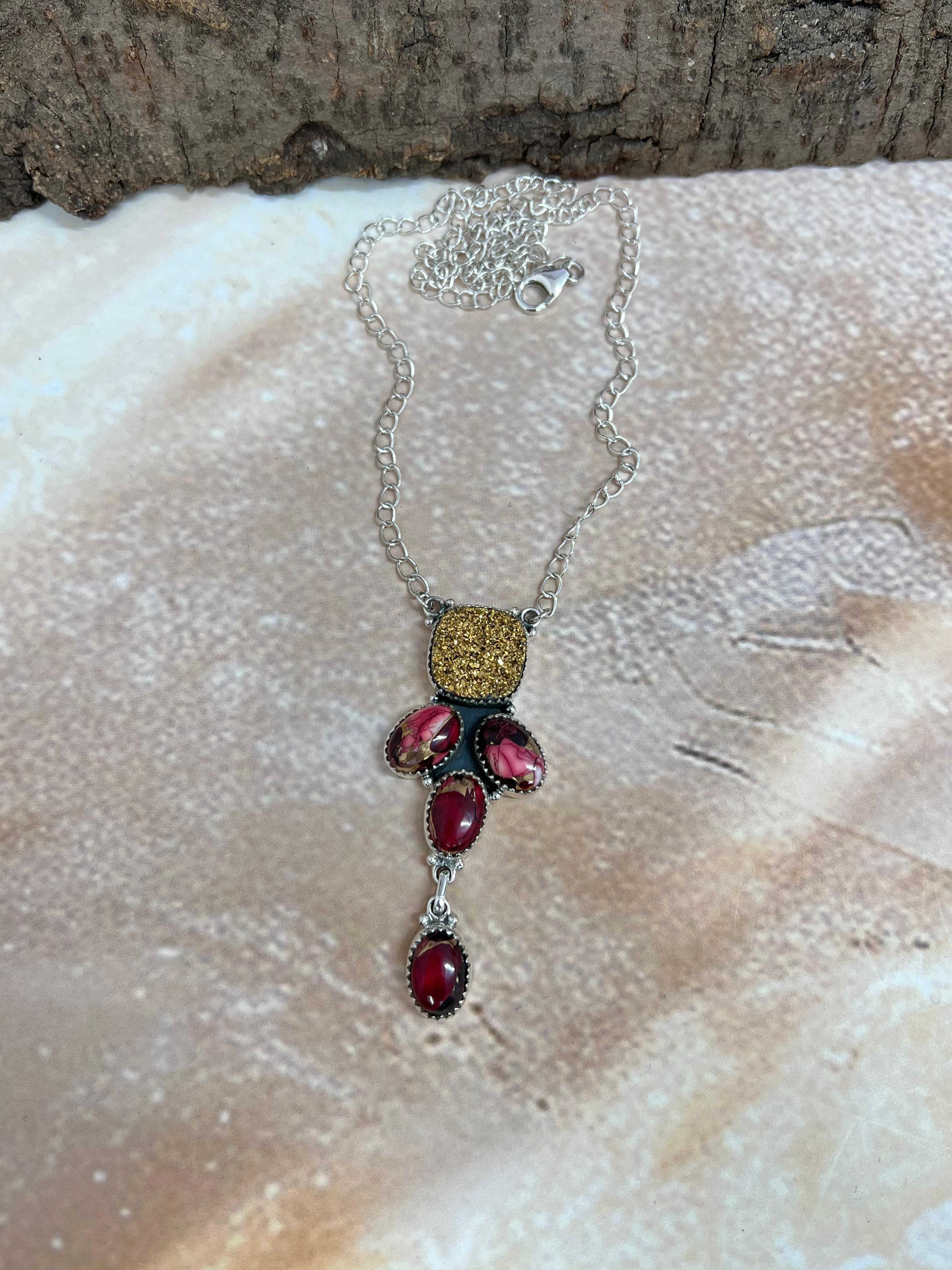 Handmade Sterling Silver Dahlia Rose with Druzy Necklace with Signed Nizhoni