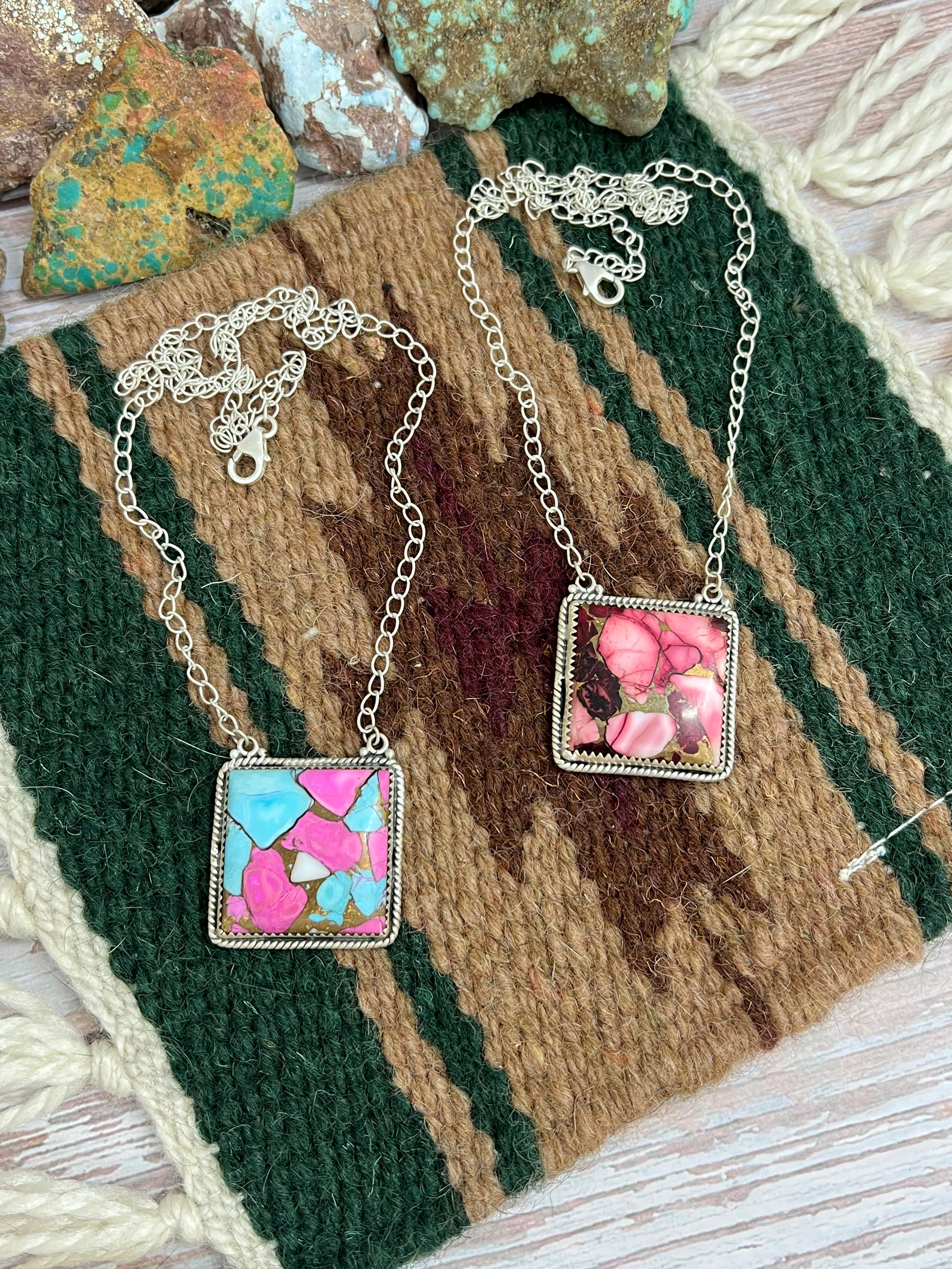 Handmade Sterling Silver Dahlia Rose, Cotton Candy Turquoise Necklace with Signed Nizhoni