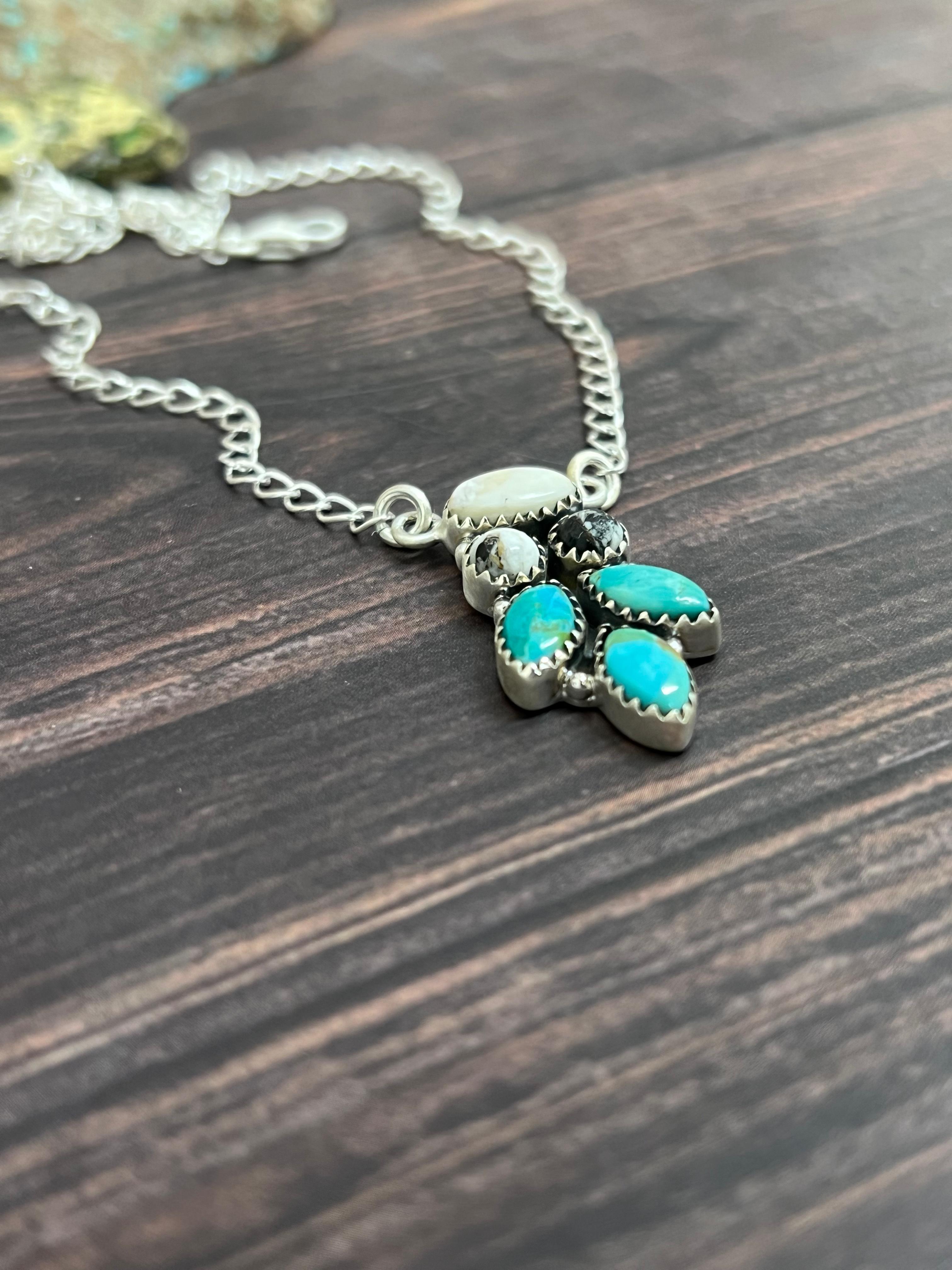 Handmade Sterling Silver Kingman Turquoise with White Buffalo Necklace with Signed Nizhoni