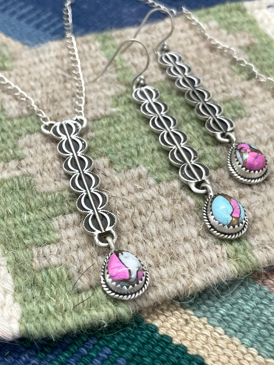 Handmade Sterling Silver Cotton Candy Necklace Earrings Set "Signed Nizhoni"
