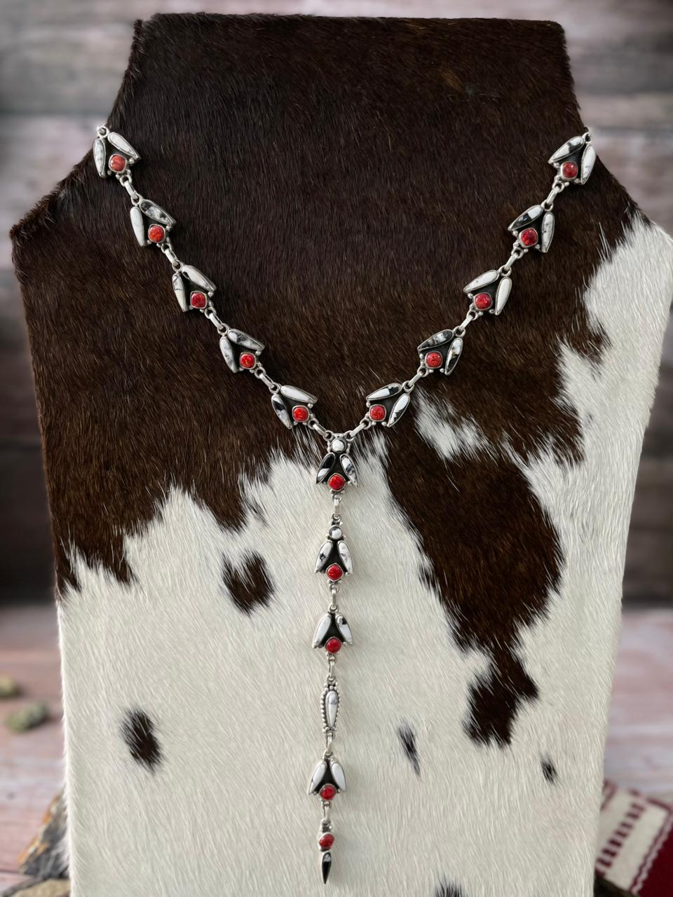 Handmade Sterling Silver White Buffalo with Red Opal Necklace "Signed Nizhoni"