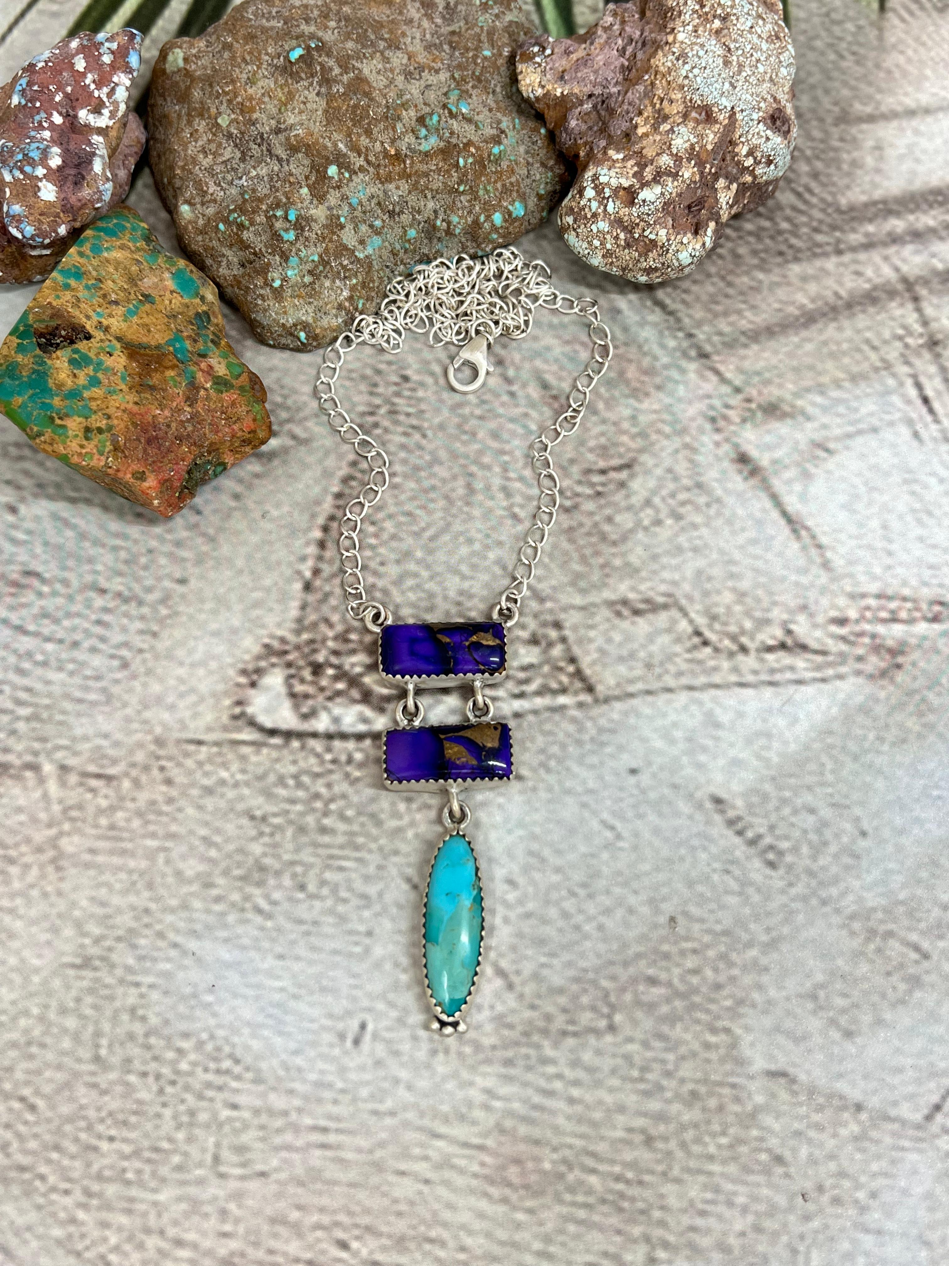 Handmade Sterling Silver Grape Dahlia Kingman Turquoise Necklace with Signed Nizhoni