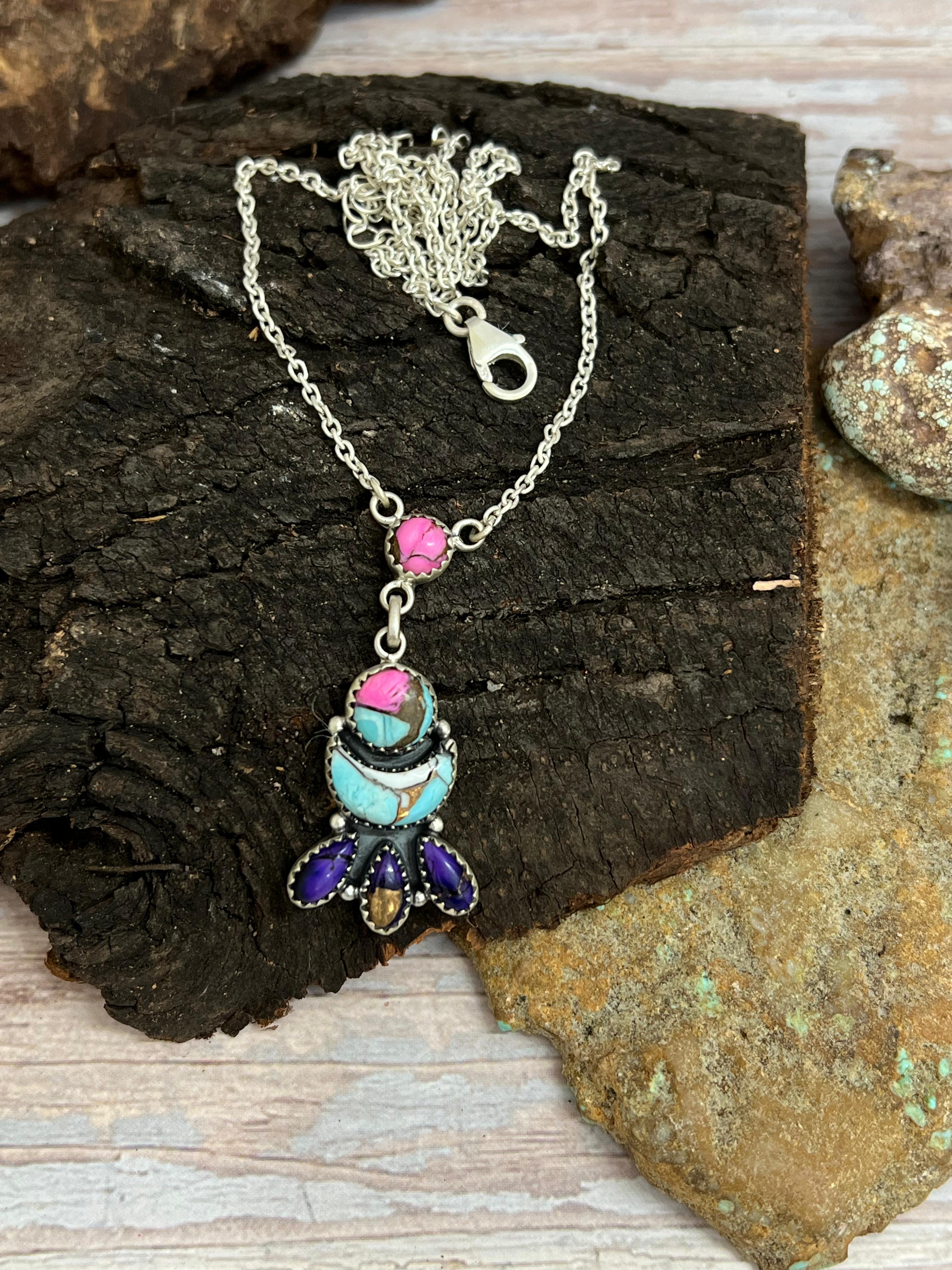 Handmade Sterling Silver Cotton Candy Turquoise Necklace with Signed Nizhoni