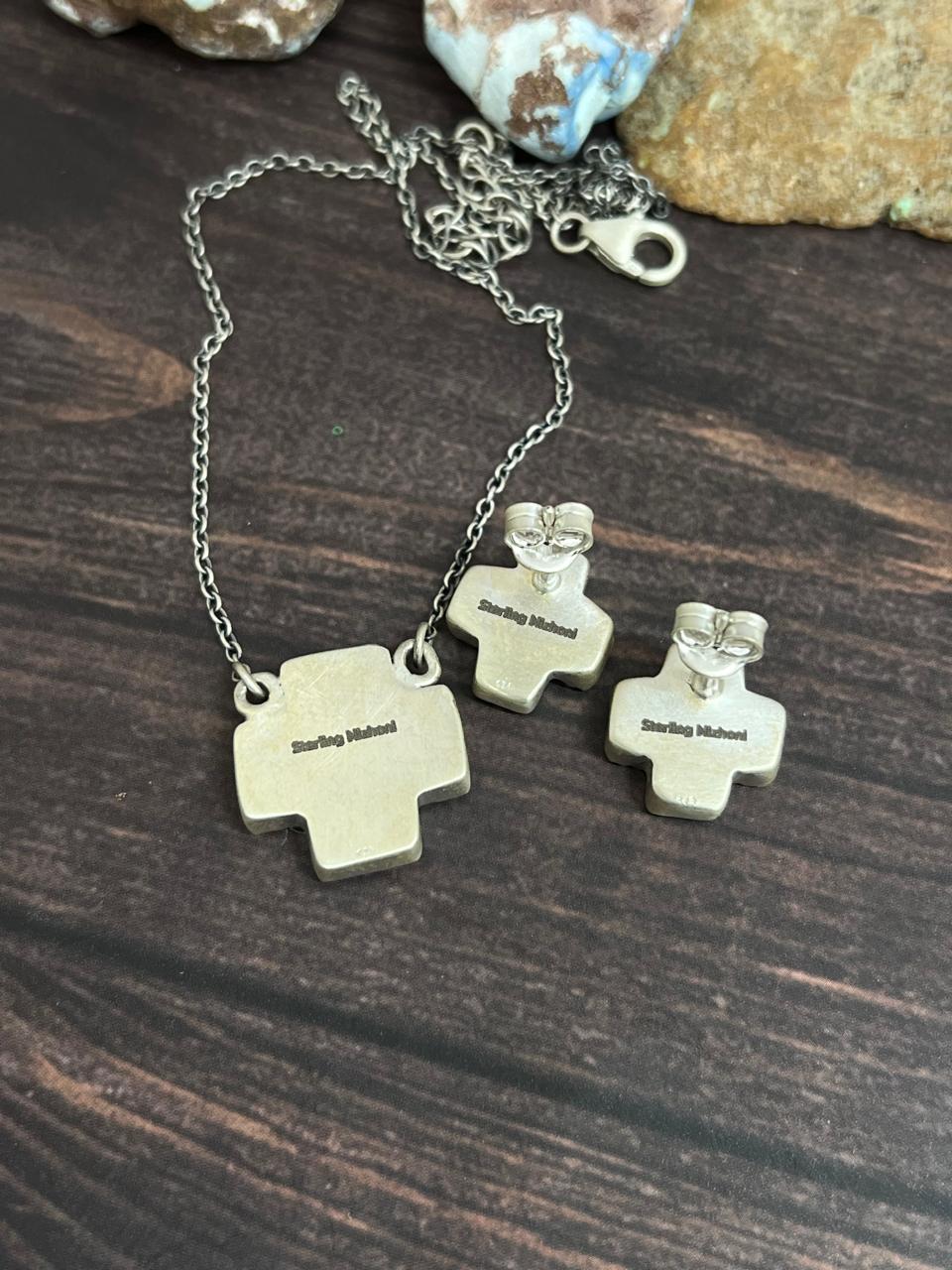 Handmade Sterling Silver Cotton Candy Turquoise Cross Necklace Earrings Set, Signed Nizhoni