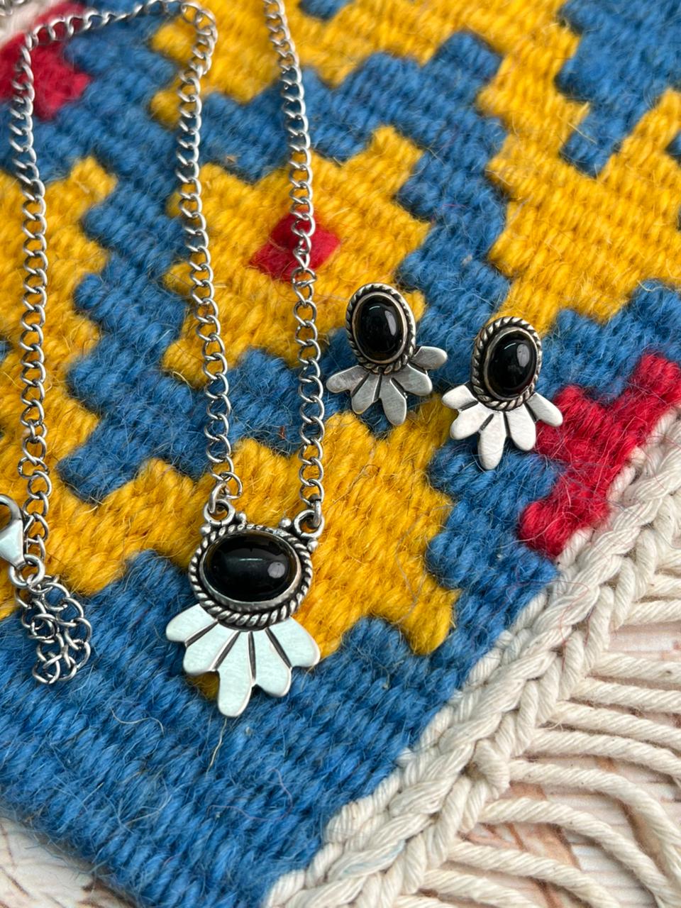 Handmade Sterling Silver Black Onyx Necklace Earrings Set "Signed Nizhoni"