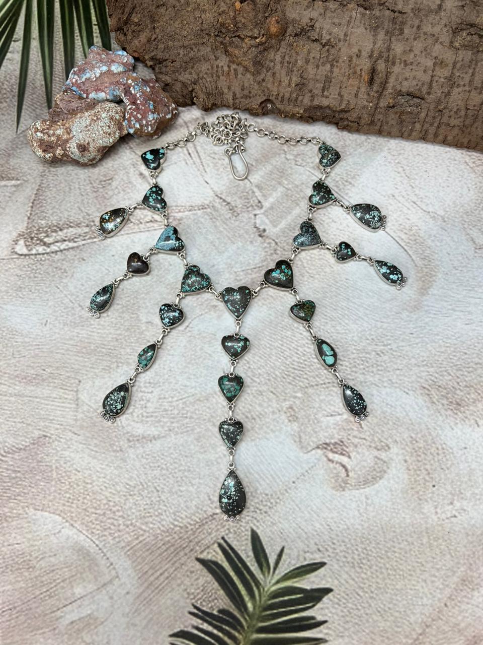 Handmade Sterling Silver Lander Turquoise Necklace with Signed Nizhoni