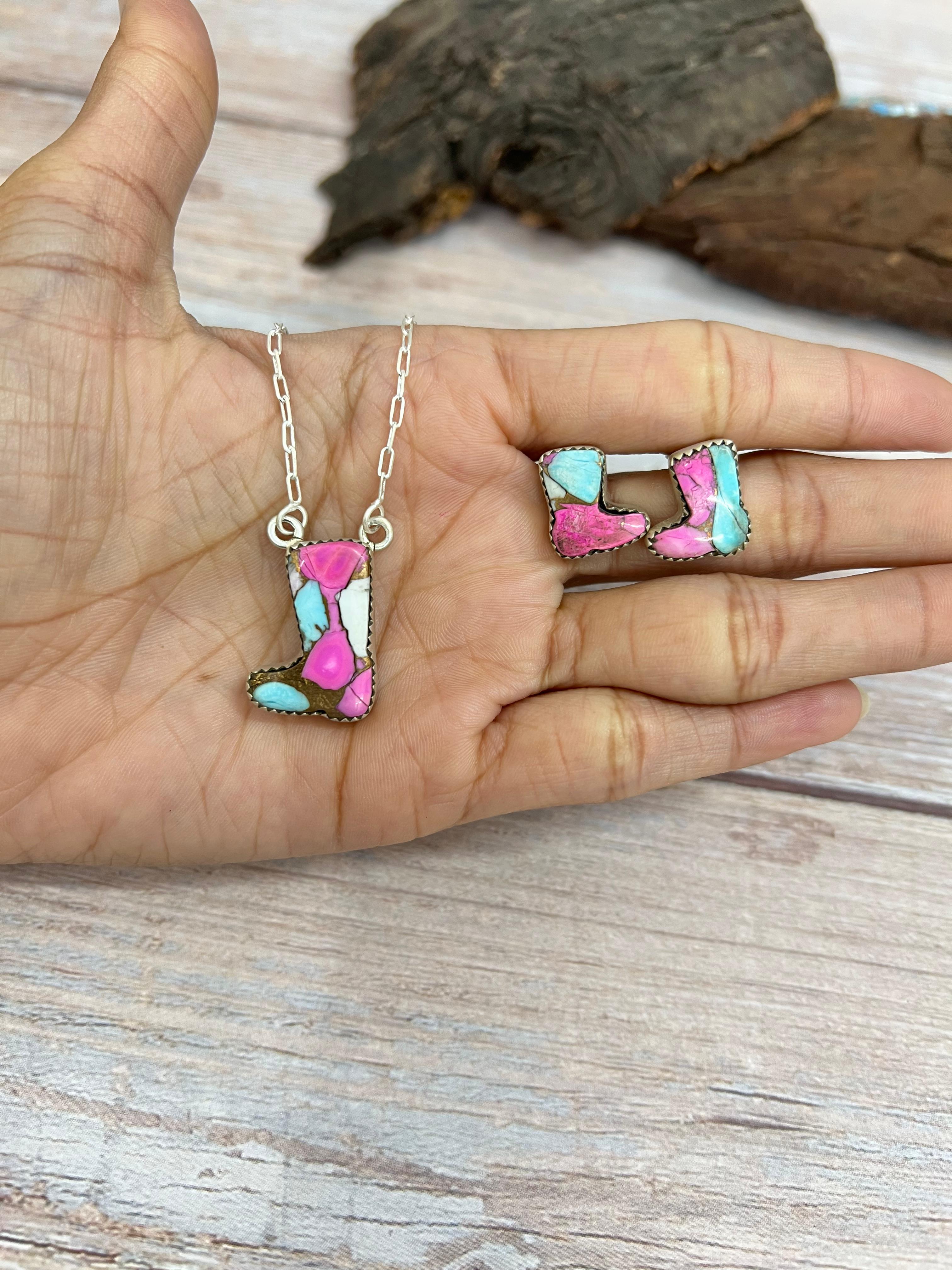 Handmade Sterling Silver Multi Stone Boot Necklace Earrings Set Signed Nizhoni