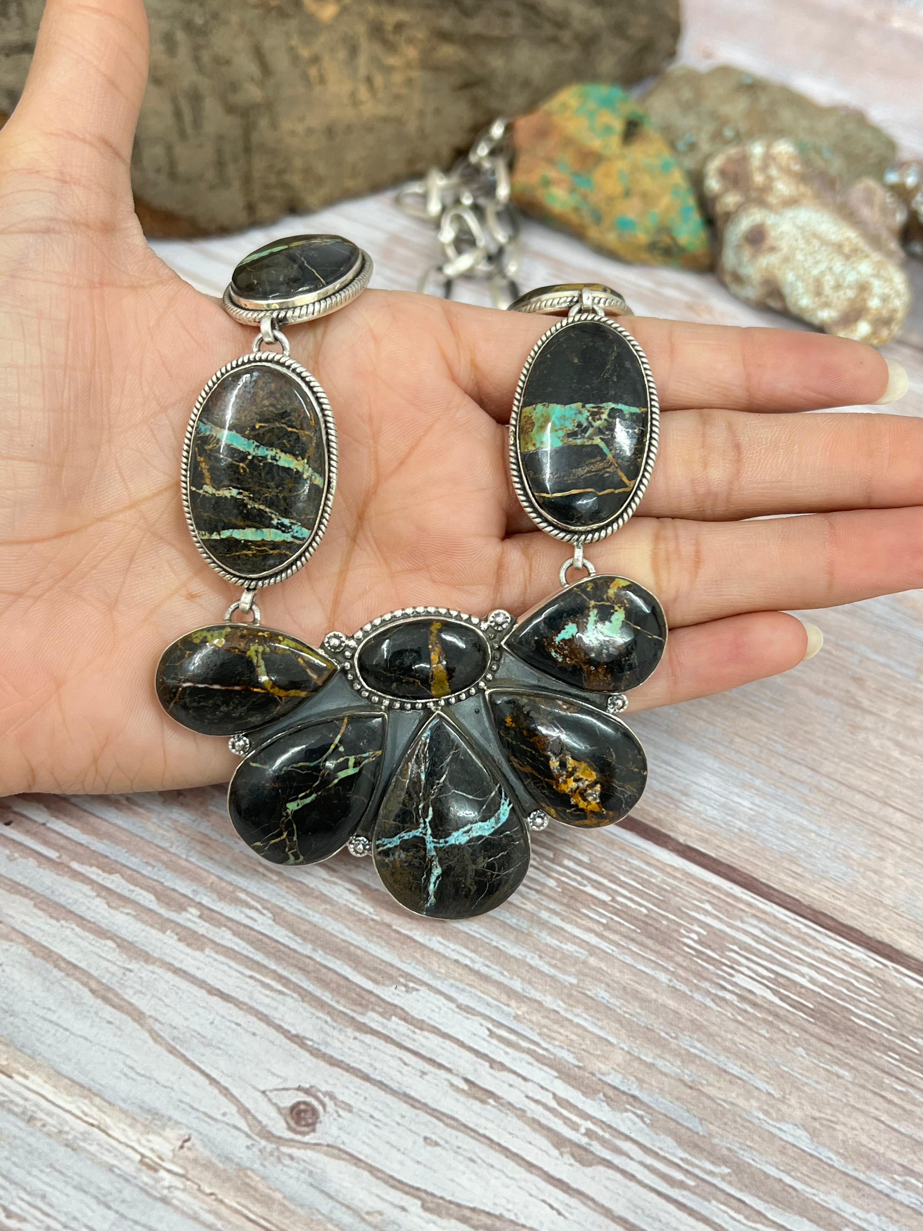 Handmade Sterling Silver Black Jack Necklace with Signed Nizhoni