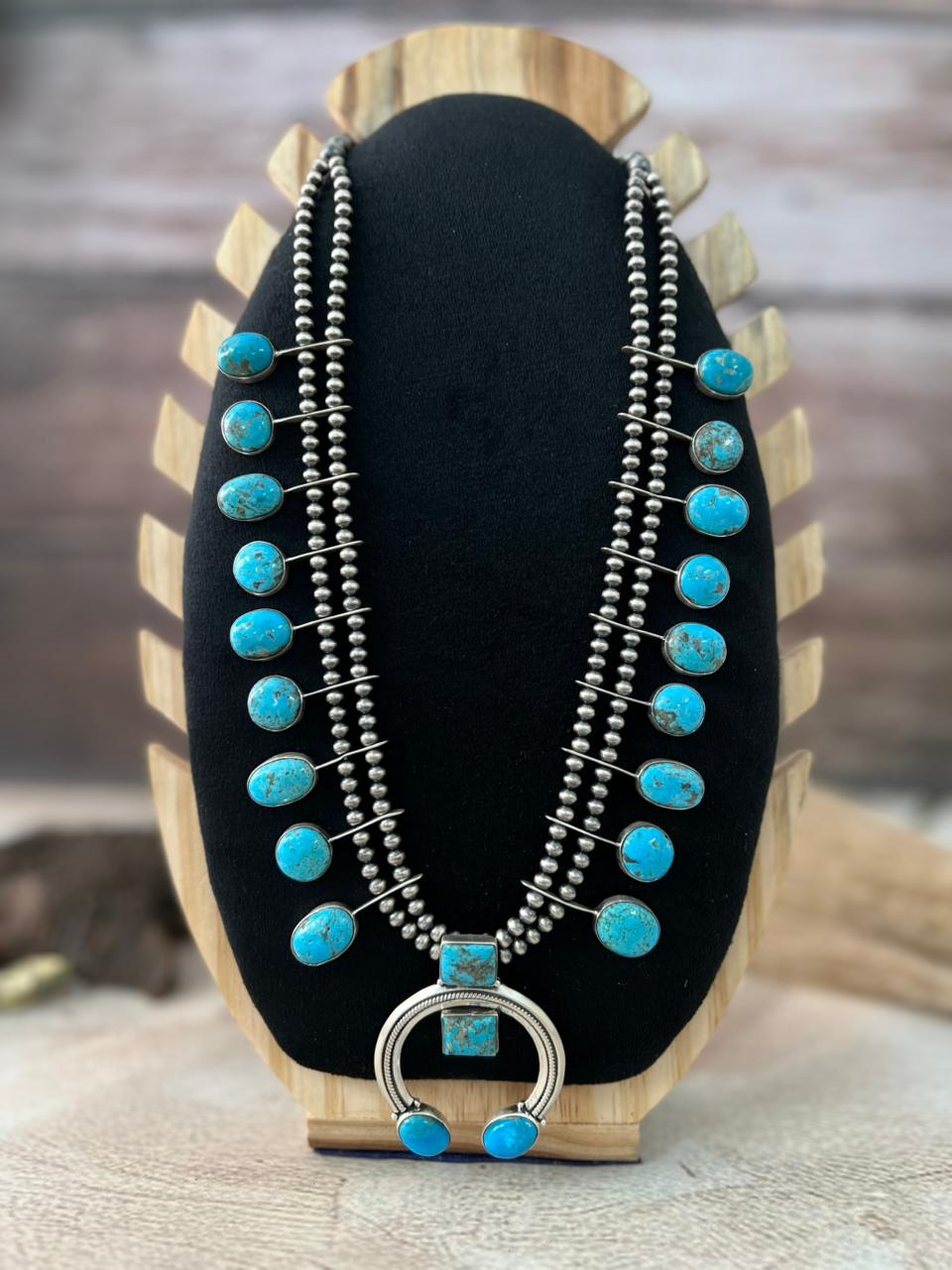 Handmade Sterling Silver Blue Bird with Arizona Blue Turquoise Beaded Necklace "Signed Nizhoni"