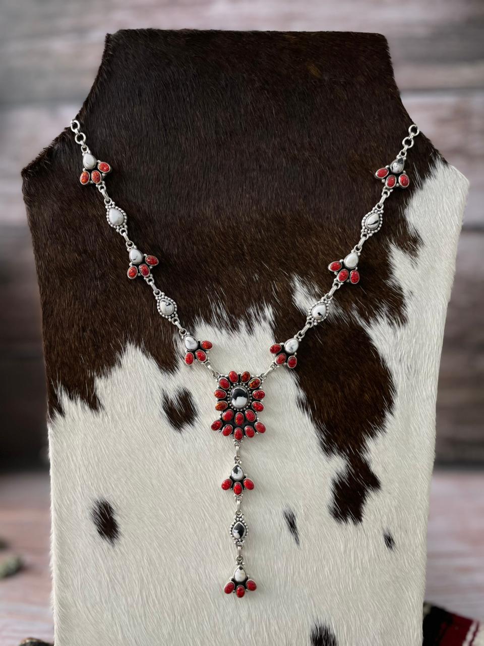 Handmade Sterling Silver White Buffalo with Red Opal Necklace "Signed Nizhoni"
