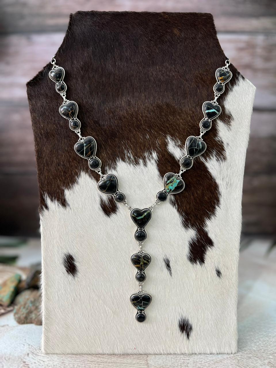 Handmade Sterling Silver Blackjack Turquoise Heart Necklace "Signed Nizhoni"